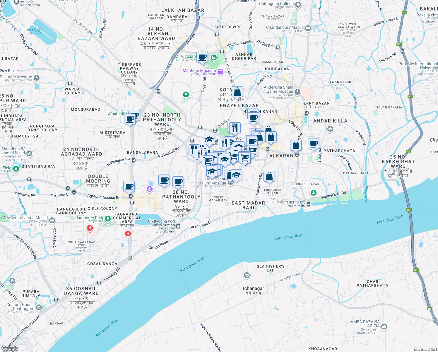 map of restaurants, bars, coffee shops, grocery stores, and more near in চট্টগ্রাম