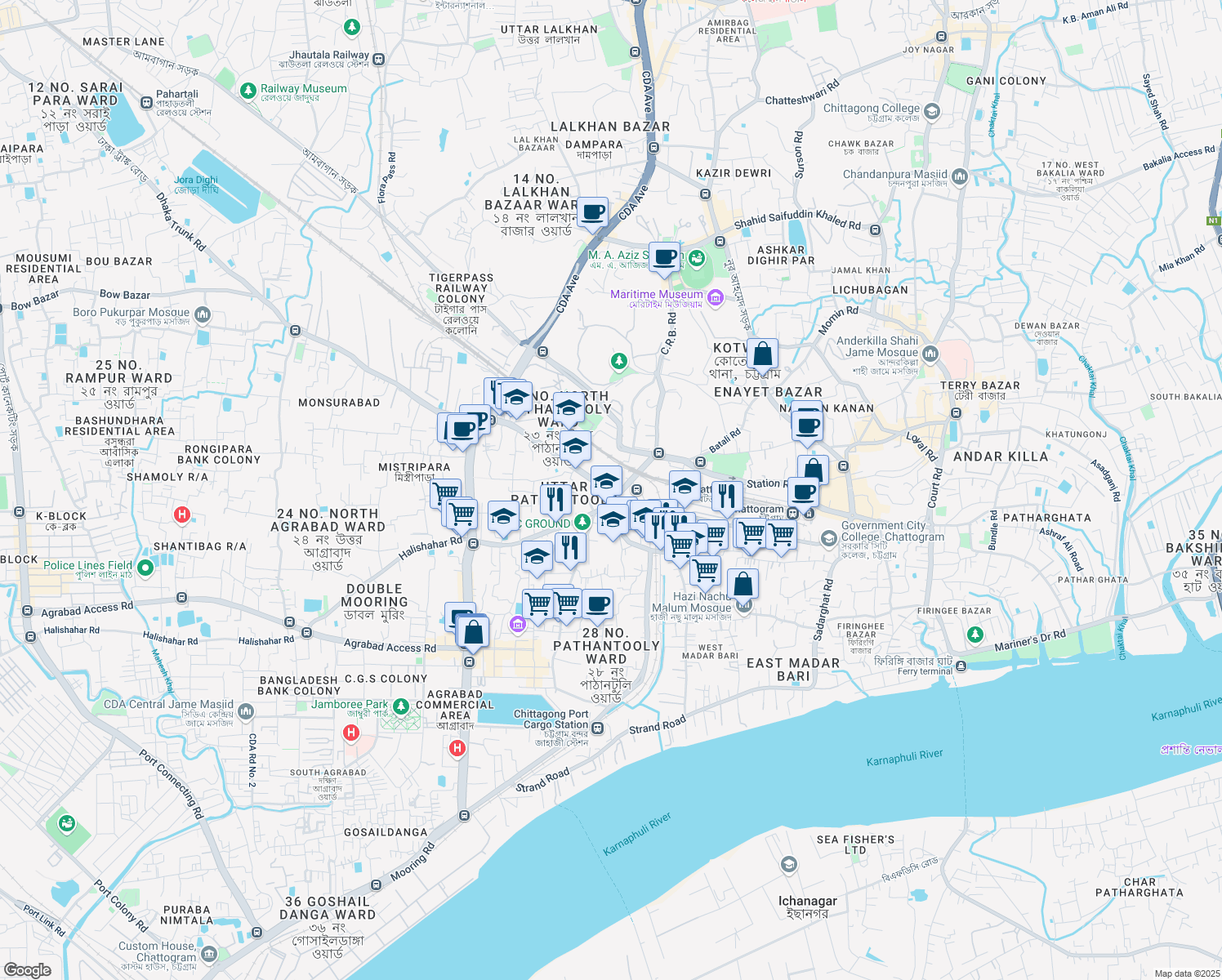 map of restaurants, bars, coffee shops, grocery stores, and more near Dhaka Trunk Road in Chittagong