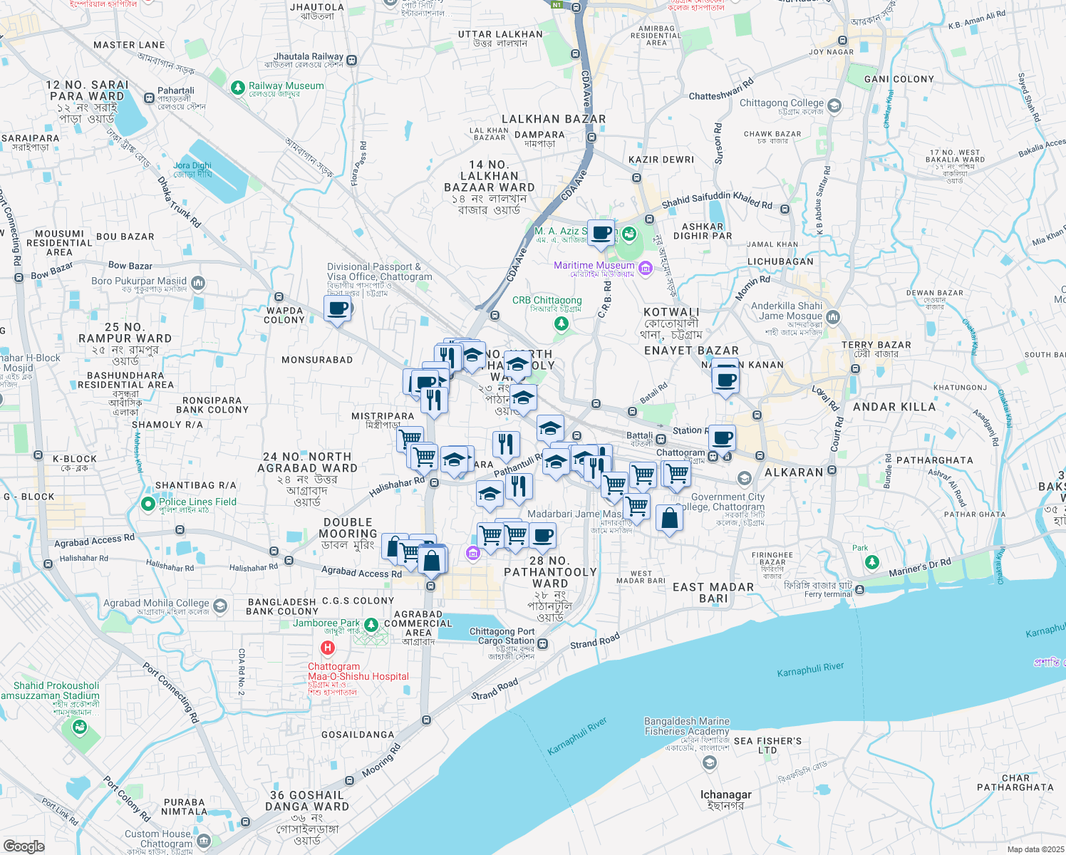 map of restaurants, bars, coffee shops, grocery stores, and more near ananda bazar-4215 in চট্টগ্রাম