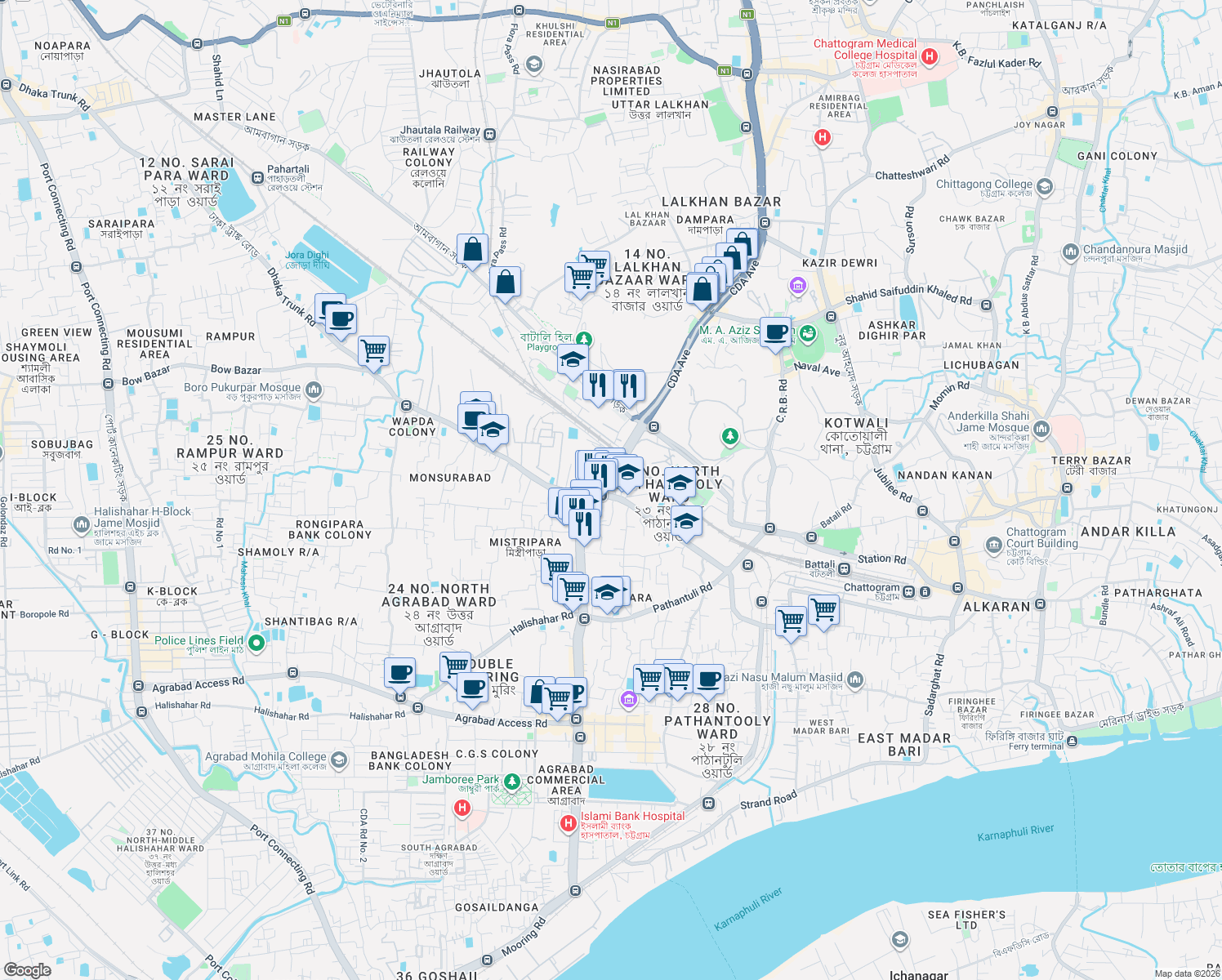 map of restaurants, bars, coffee shops, grocery stores, and more near 107 Dewanhat Overbridge in Chittagong