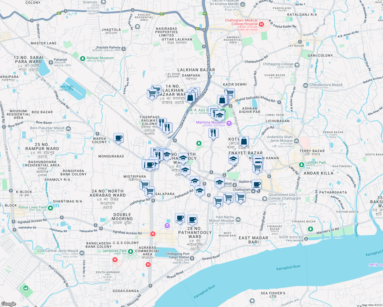 map of restaurants, bars, coffee shops, grocery stores, and more near Tiger Pass E in Chittagong