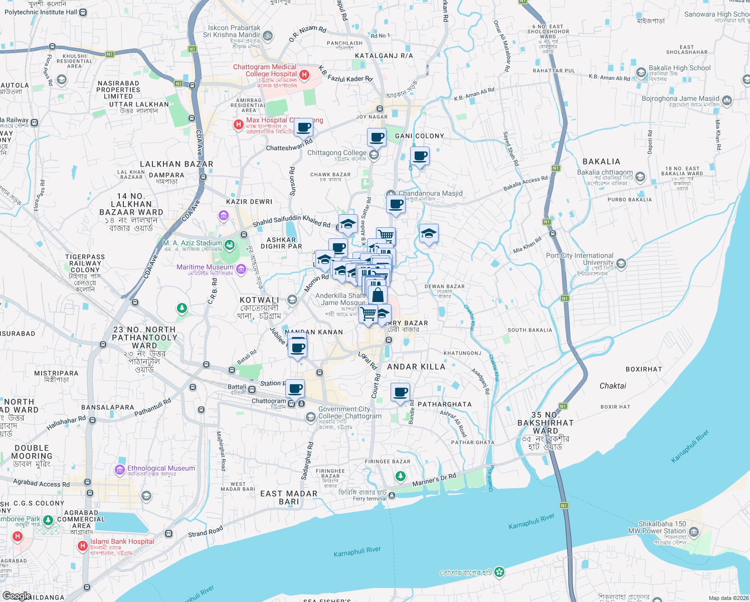 map of restaurants, bars, coffee shops, grocery stores, and more near Momin Road in Chittagong