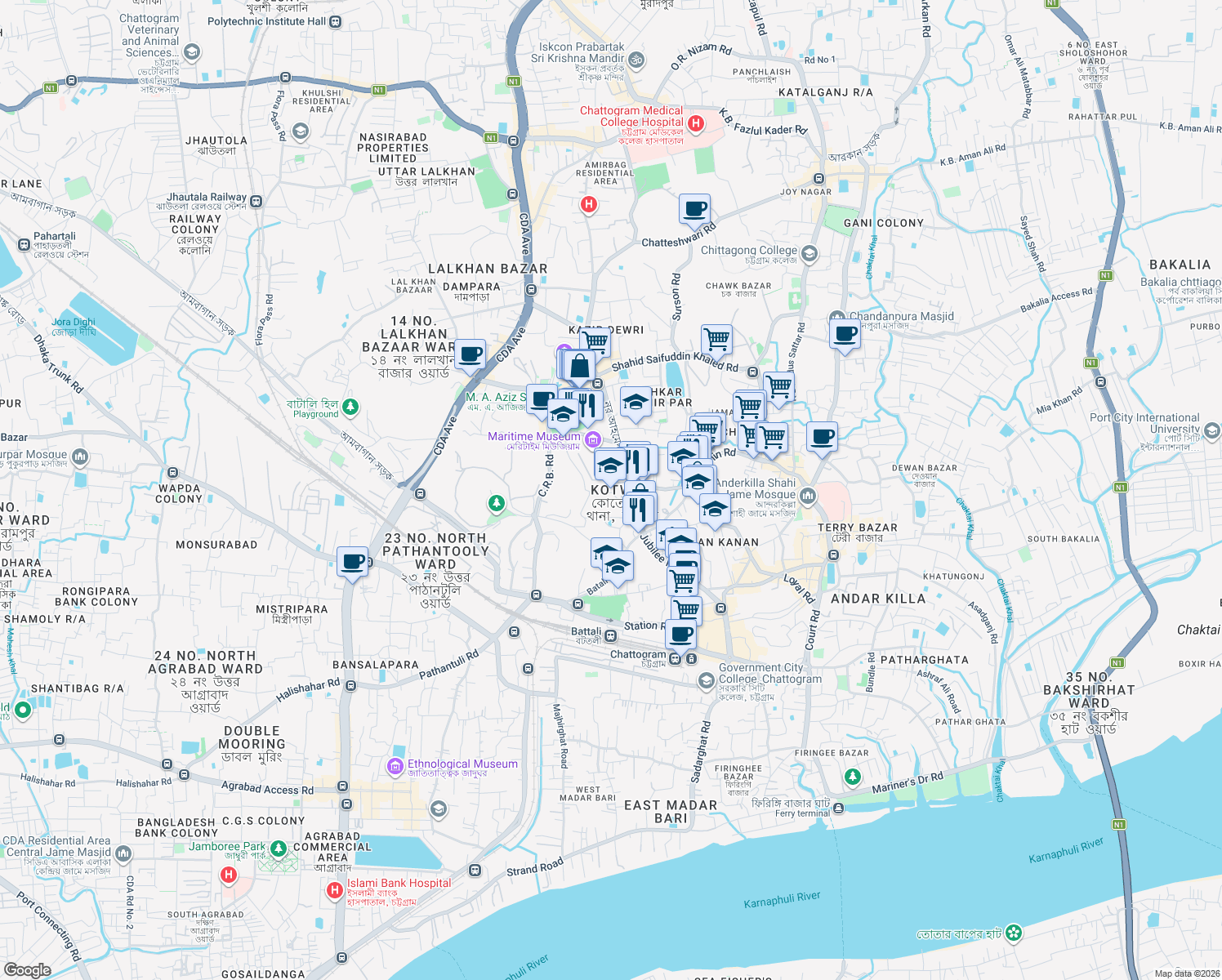 map of restaurants, bars, coffee shops, grocery stores, and more near Nur Ahmed Road in Chittagong