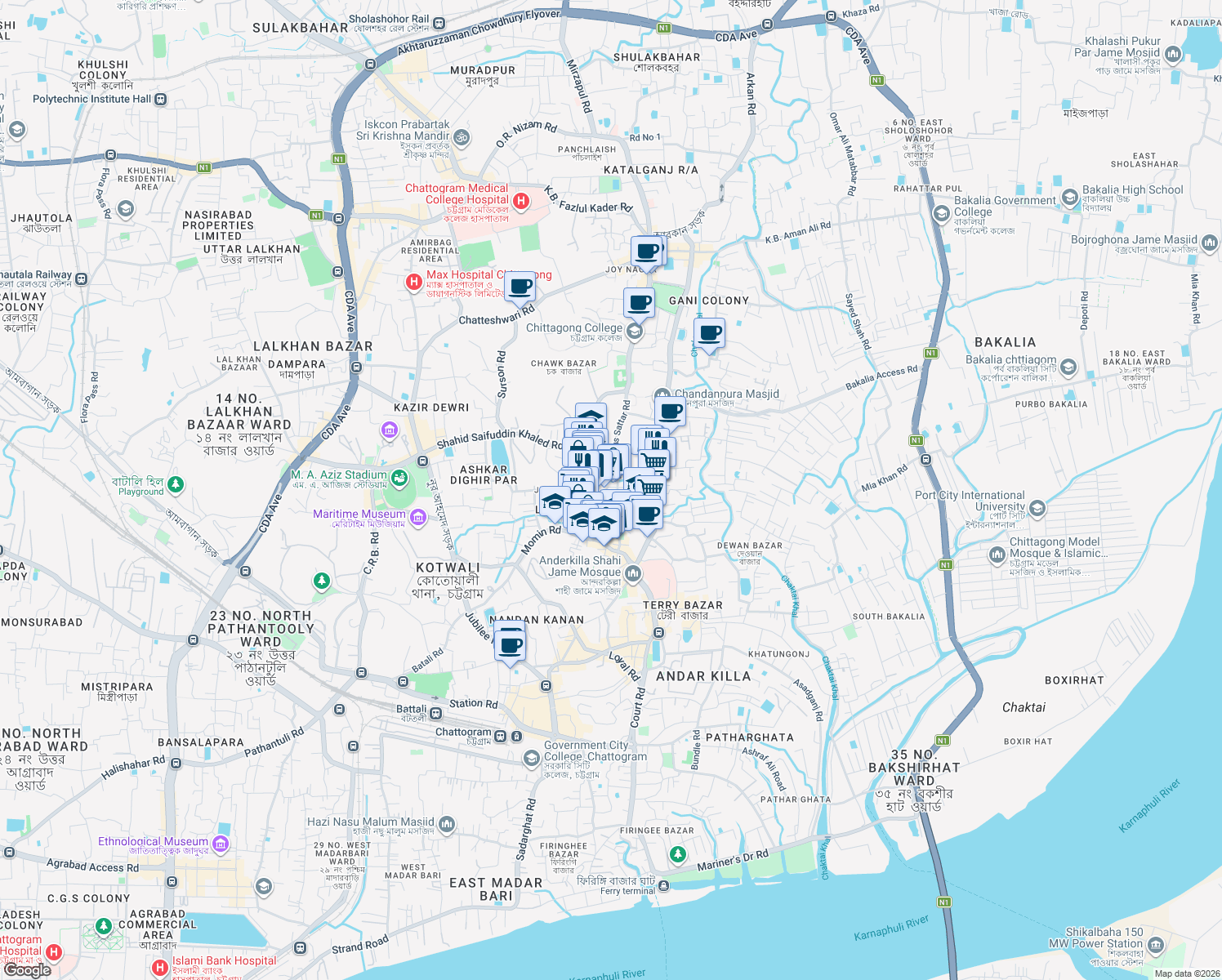 map of restaurants, bars, coffee shops, grocery stores, and more near জে এম সেন লেইন in Chittagong