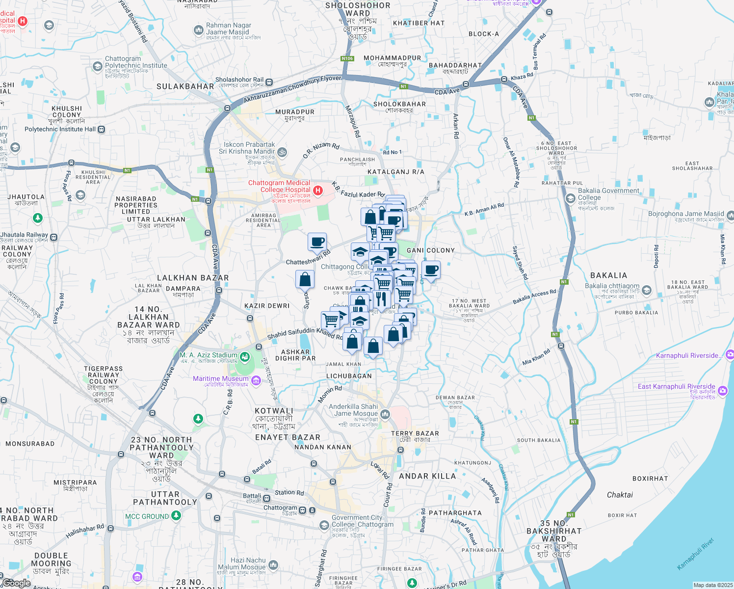 map of restaurants, bars, coffee shops, grocery stores, and more near Haji Mohammad Mohsin College Road in Chittagong