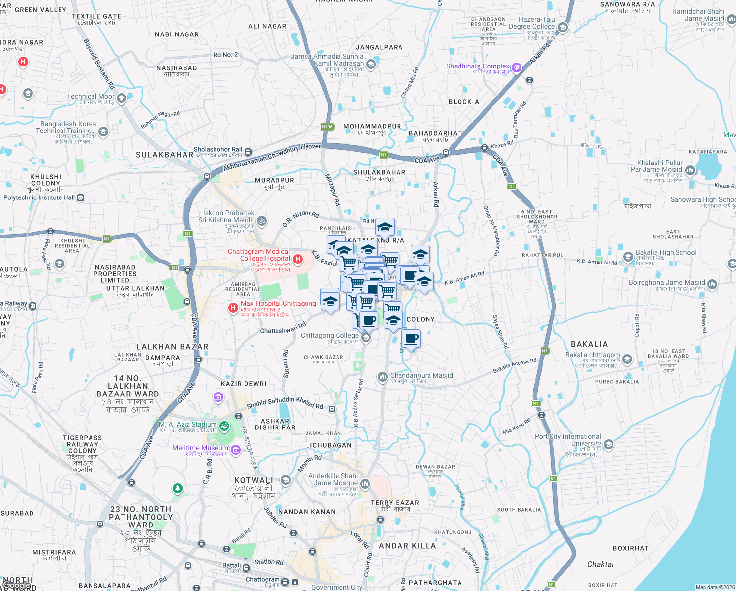 map of restaurants, bars, coffee shops, grocery stores, and more near College Road in Chittagong