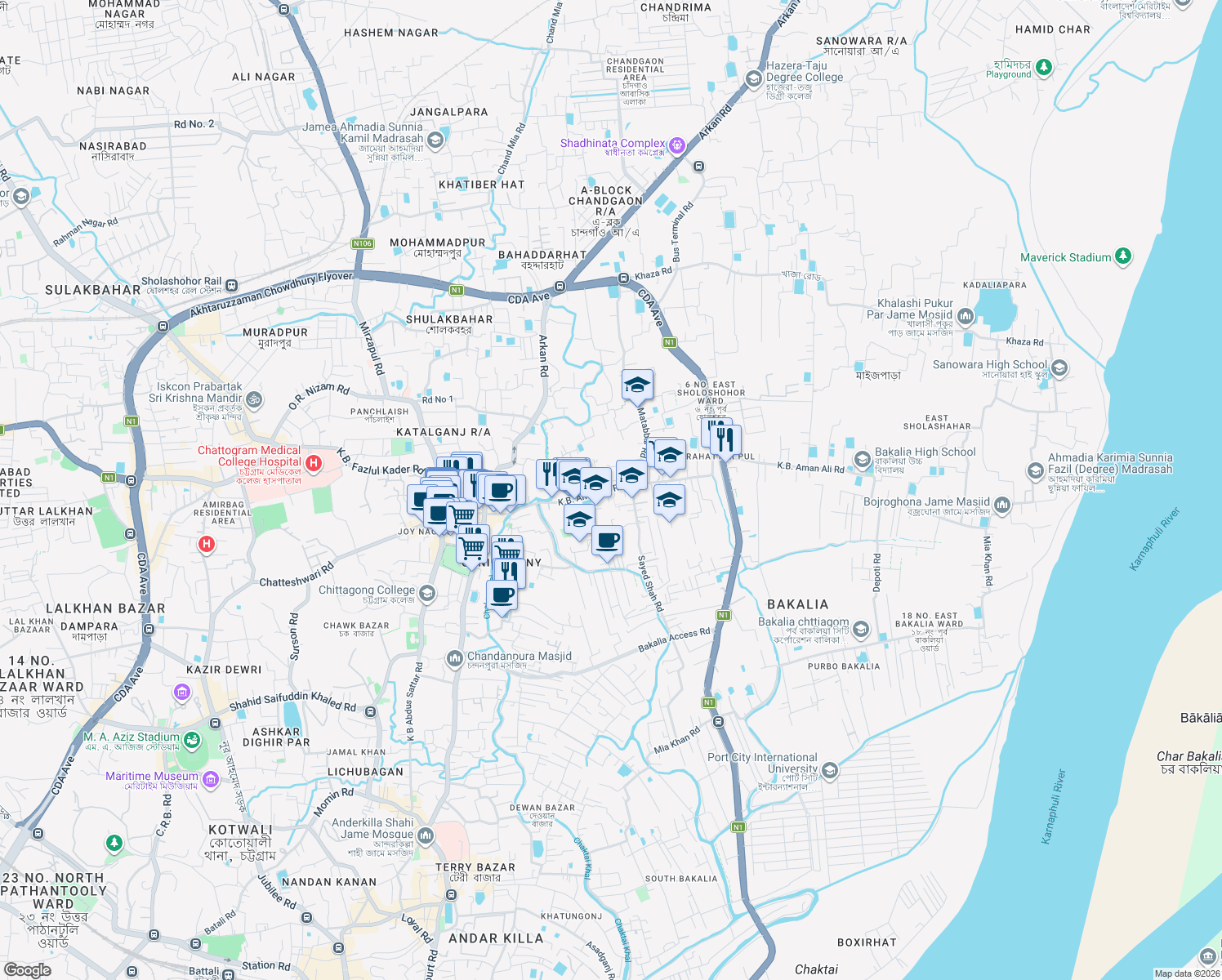 map of restaurants, bars, coffee shops, grocery stores, and more near K.B. Aman Ali Road in Chittagong
