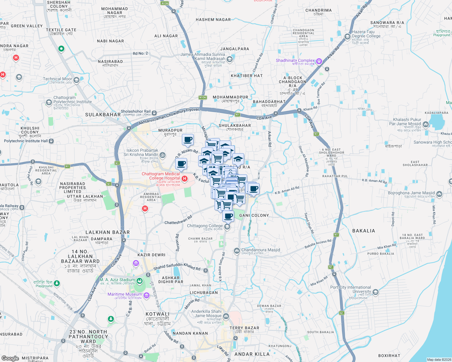 map of restaurants, bars, coffee shops, grocery stores, and more near Joy Nagar No.1 Lane in Chittagong