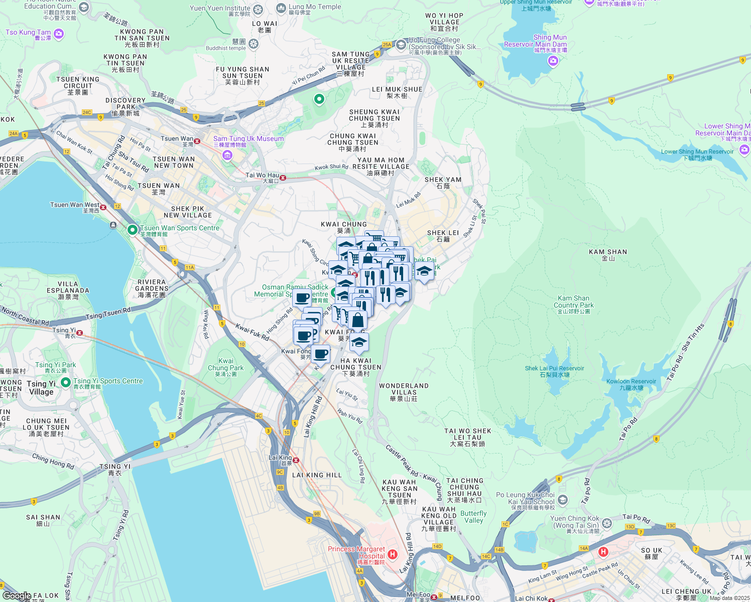 map of restaurants, bars, coffee shops, grocery stores, and more near Tai Lin Pai Road in Hong Kong