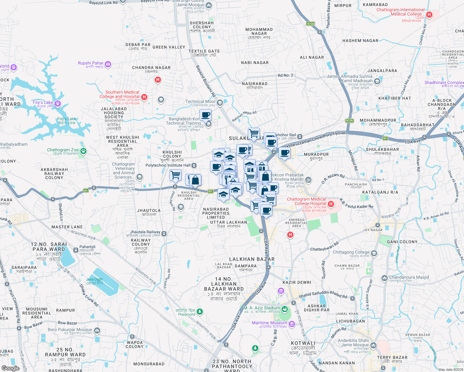 map of restaurants, bars, coffee shops, grocery stores, and more near Nasirabad Girls High School Road in Chittagong