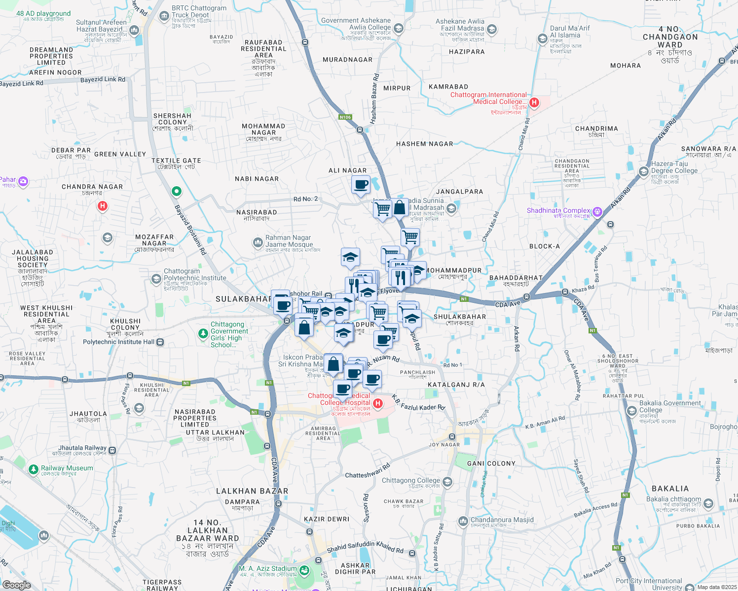 map of restaurants, bars, coffee shops, grocery stores, and more near Shahid Jane Alam Sharak in Chittagong