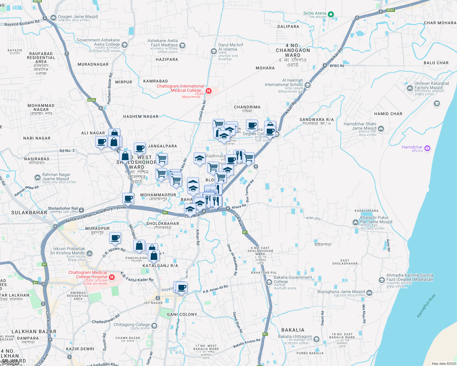 map of restaurants, bars, coffee shops, grocery stores, and more near Bazar - Ghata Main Road in Cox's Bazar