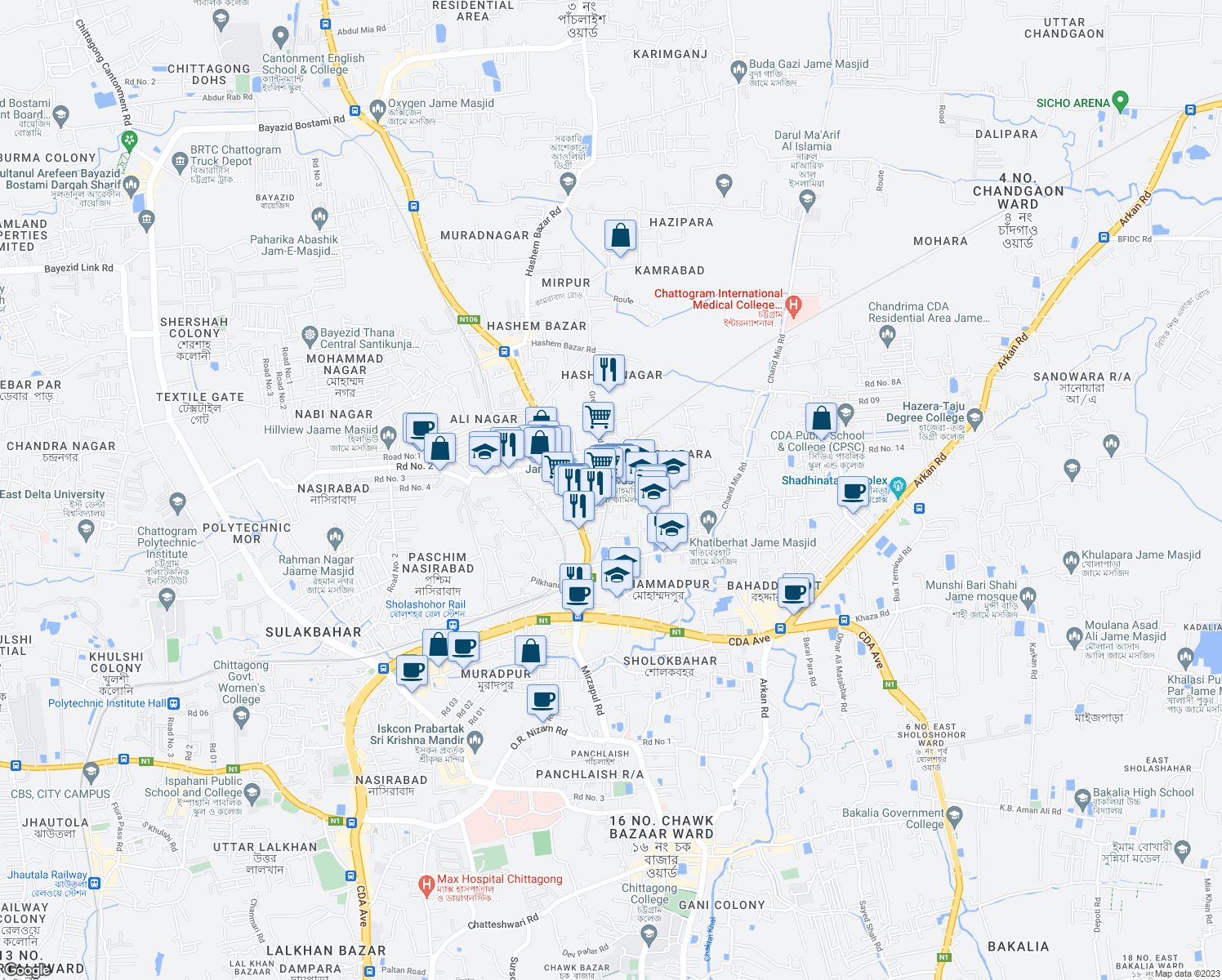 map of restaurants, bars, coffee shops, grocery stores, and more near in Chattogram