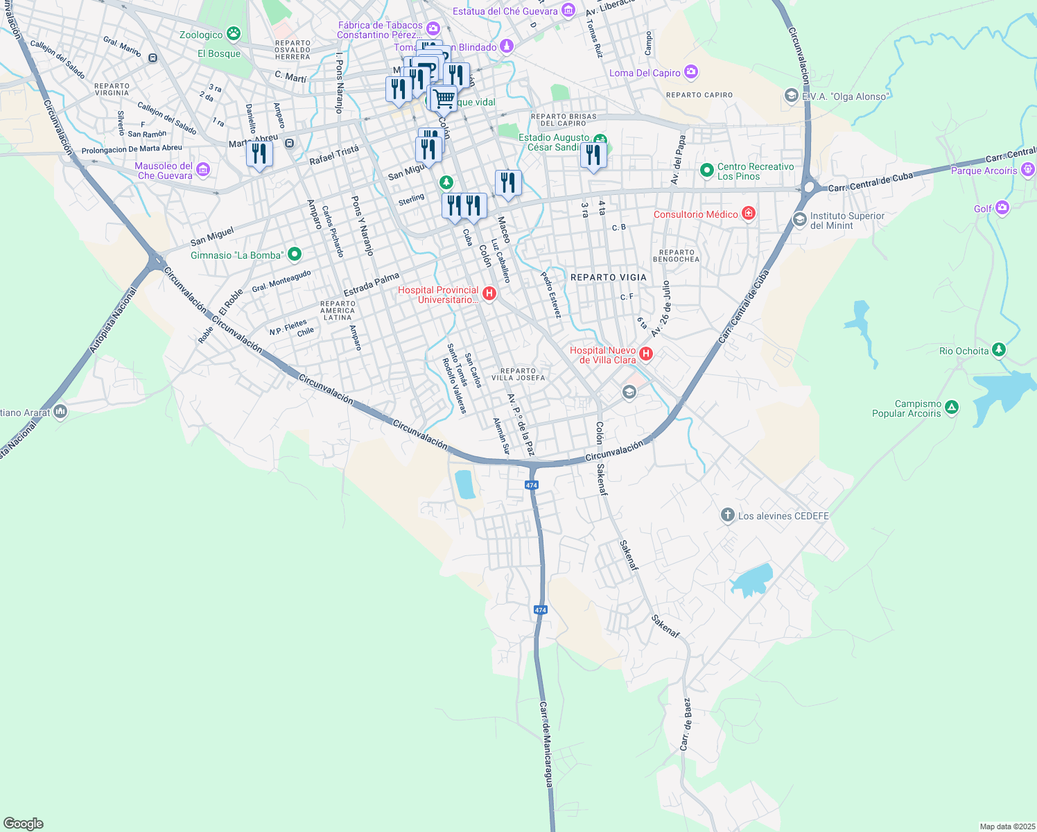 map of restaurants, bars, coffee shops, grocery stores, and more near Avenida Paseo de la Paz in Santa Clara