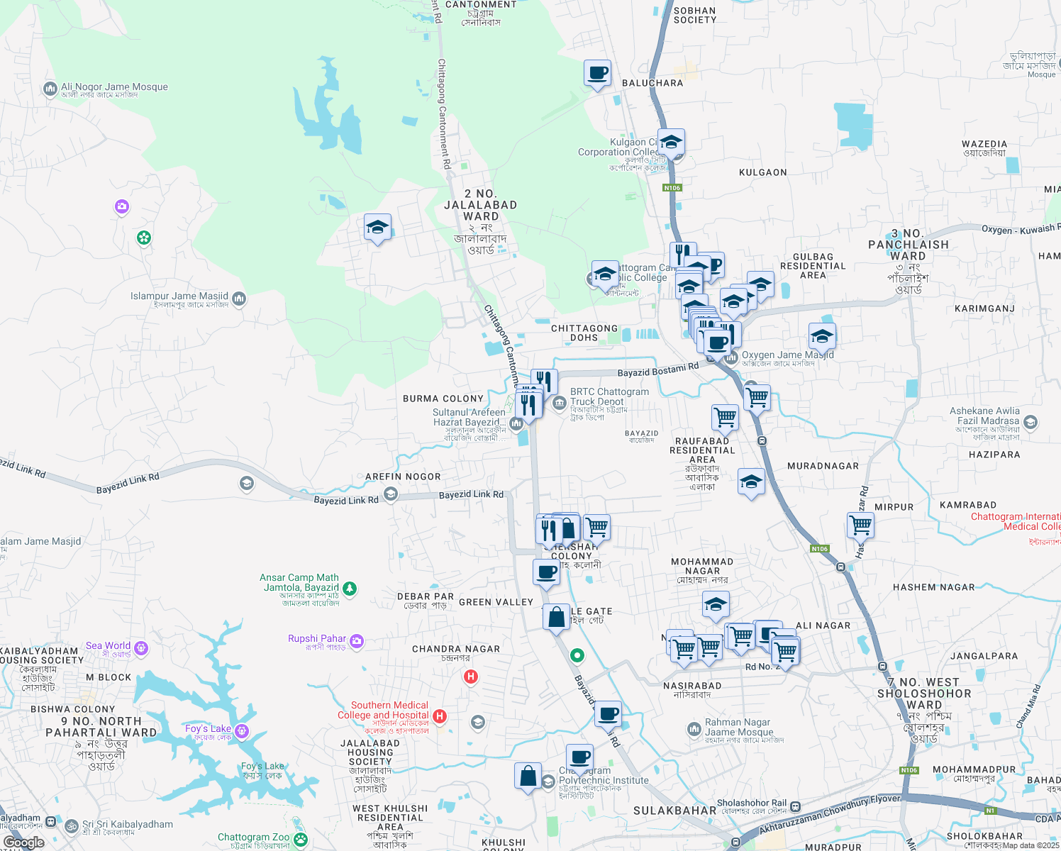 map of restaurants, bars, coffee shops, grocery stores, and more near Bayazid Bostami Road in Chittagong