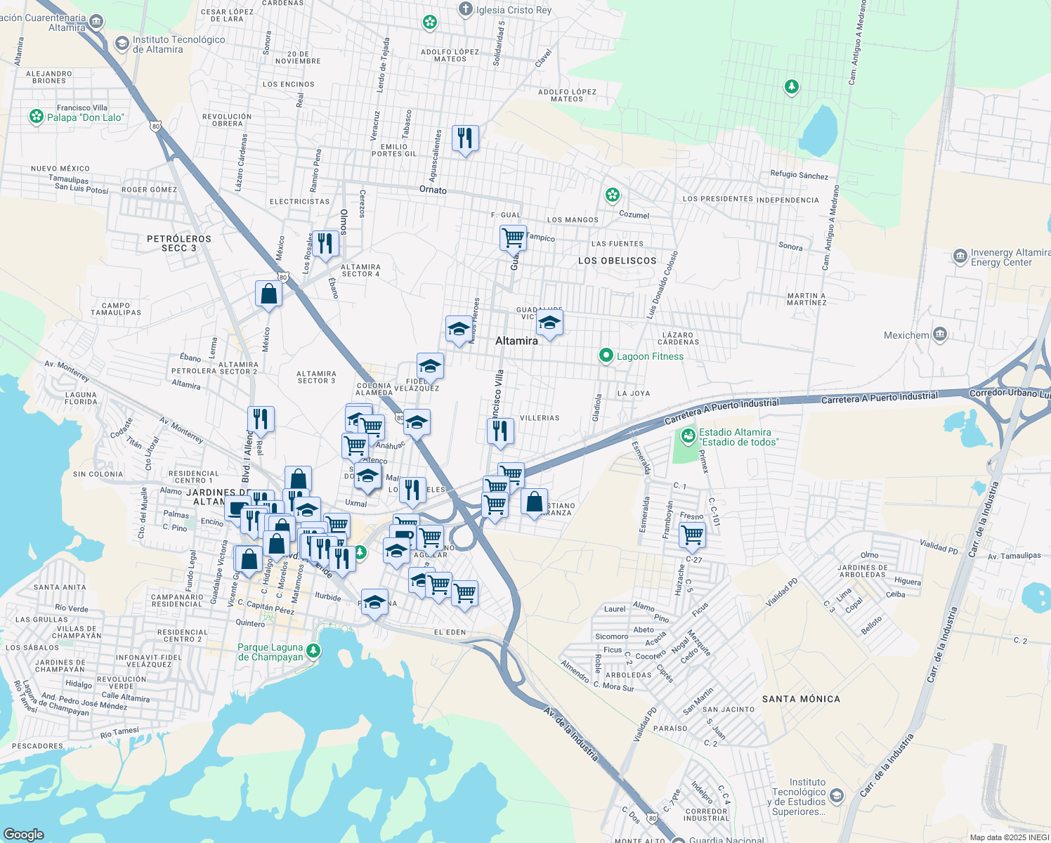 map of restaurants, bars, coffee shops, grocery stores, and more near 181 Villa Isabel in Altamira