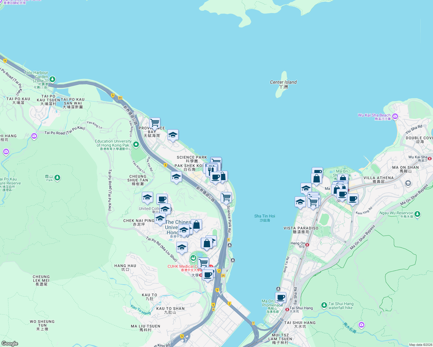 map of restaurants, bars, coffee shops, grocery stores, and more near 12 Science Park East Avenue in Hong Kong