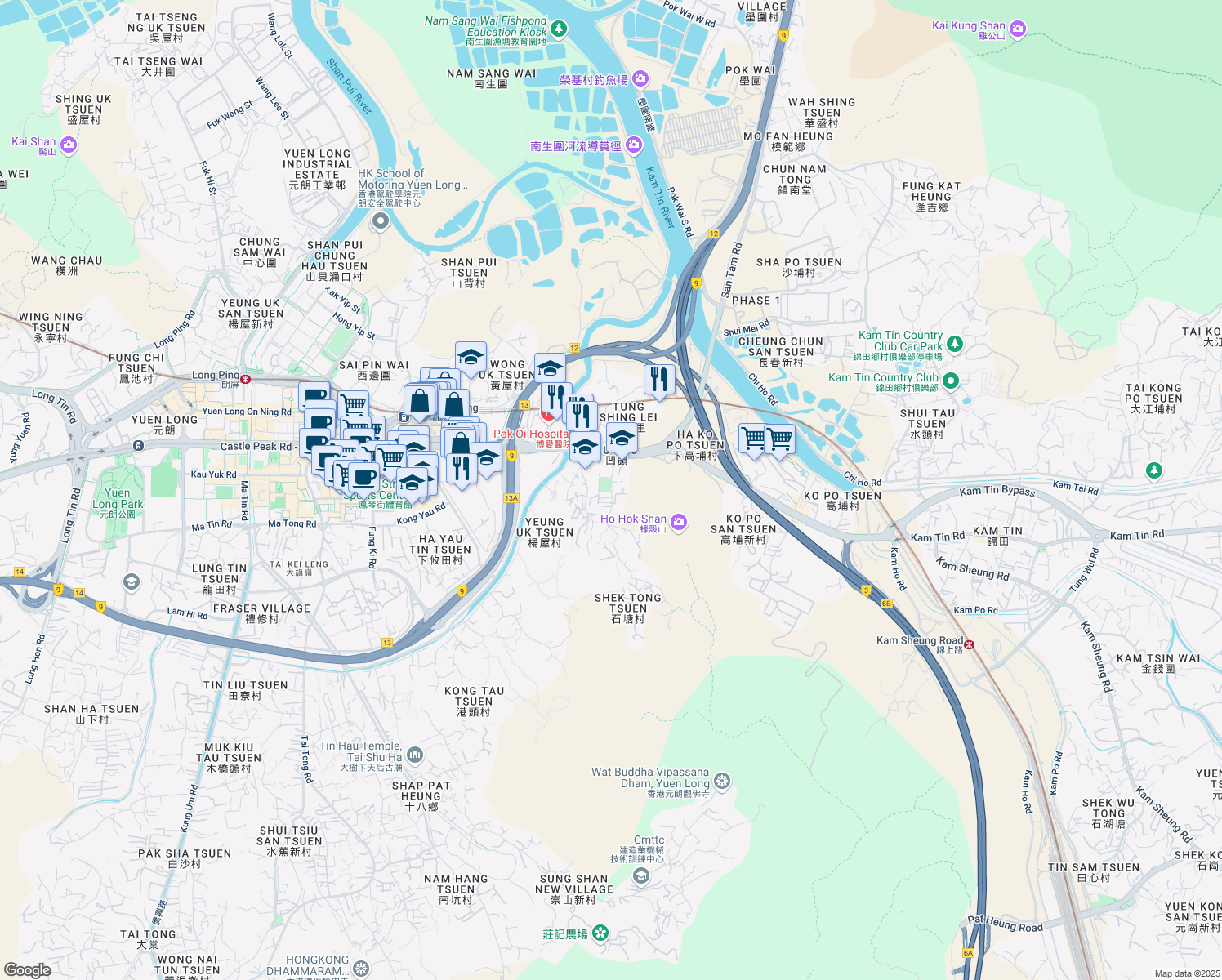 map of restaurants, bars, coffee shops, grocery stores, and more near Yau Shin Street in Hong Kong
