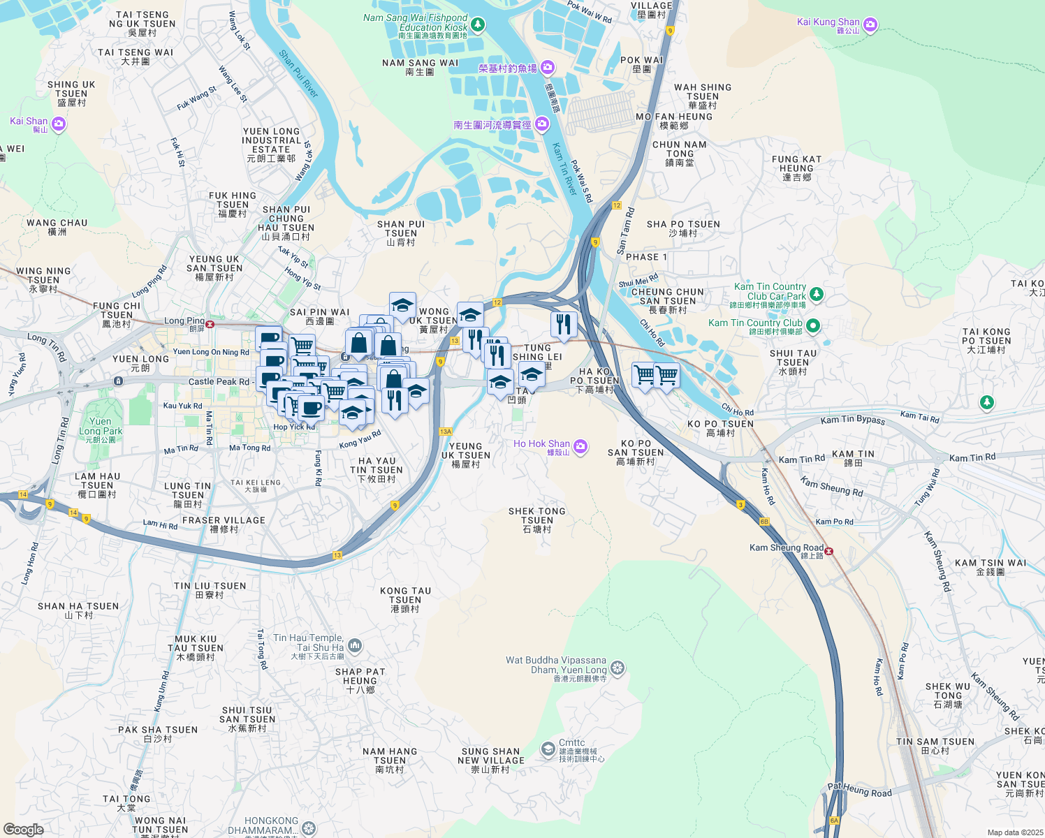 map of restaurants, bars, coffee shops, grocery stores, and more near Yau Shin Street in Hong Kong