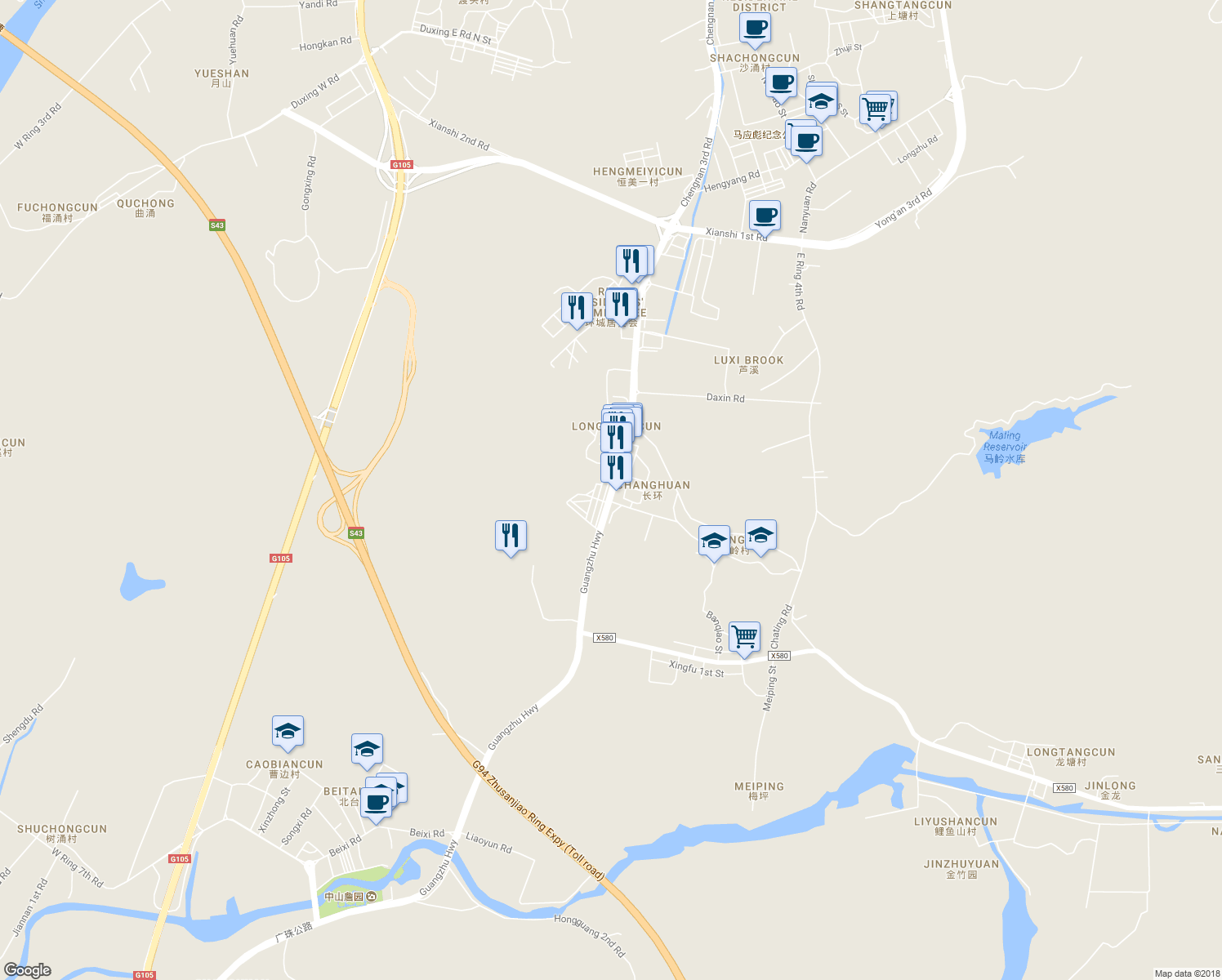 map of restaurants, bars, coffee shops, grocery stores, and more near Cheng Nan Wu Lu in Zhongshan Shi