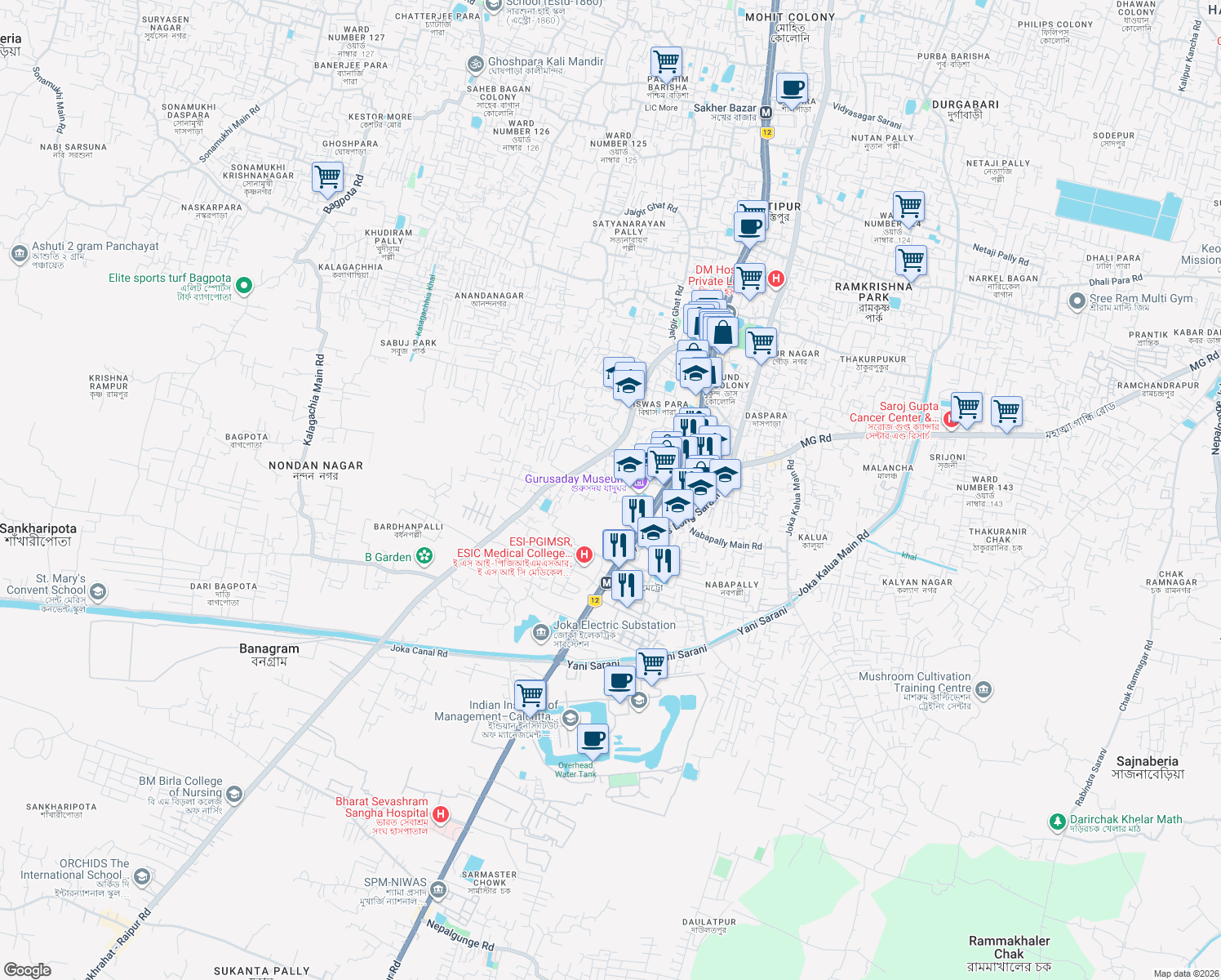 map of restaurants, bars, coffee shops, grocery stores, and more near 99A Thakurpukur Road in Kolkata