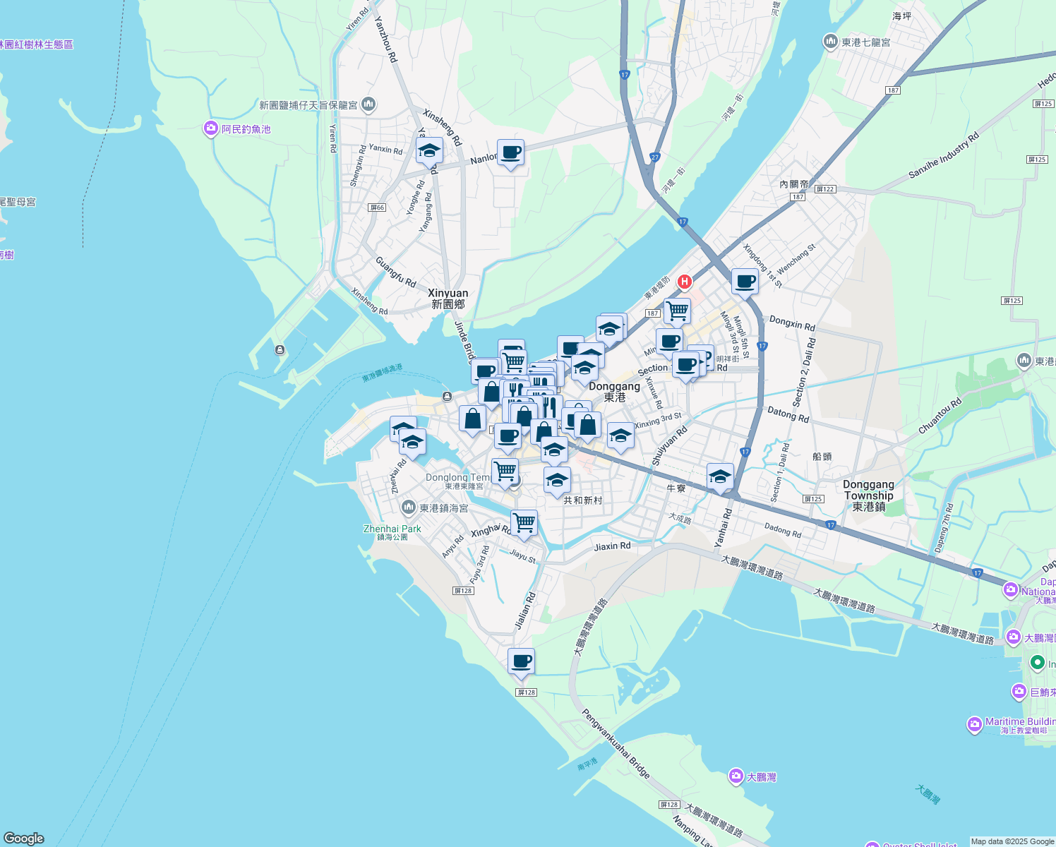 map of restaurants, bars, coffee shops, grocery stores, and more near 75 Zhongshan Road in Donggang Township