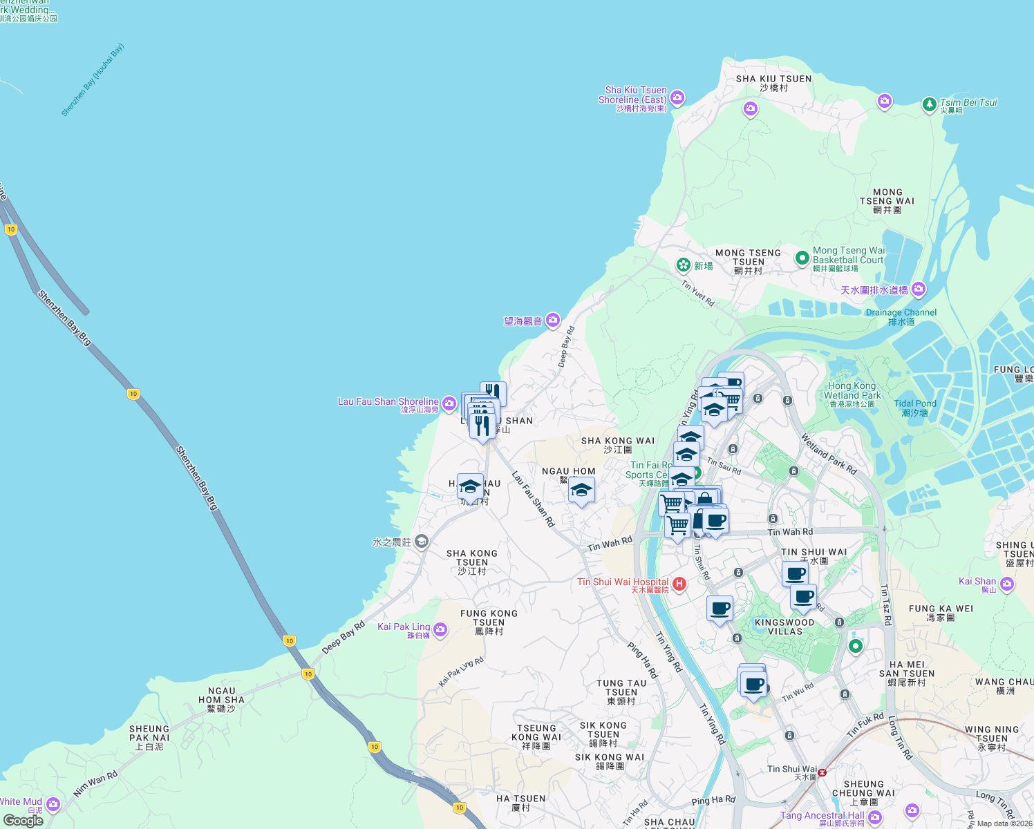 map of restaurants, bars, coffee shops, grocery stores, and more near Deep Bay Road in Hong Kong
