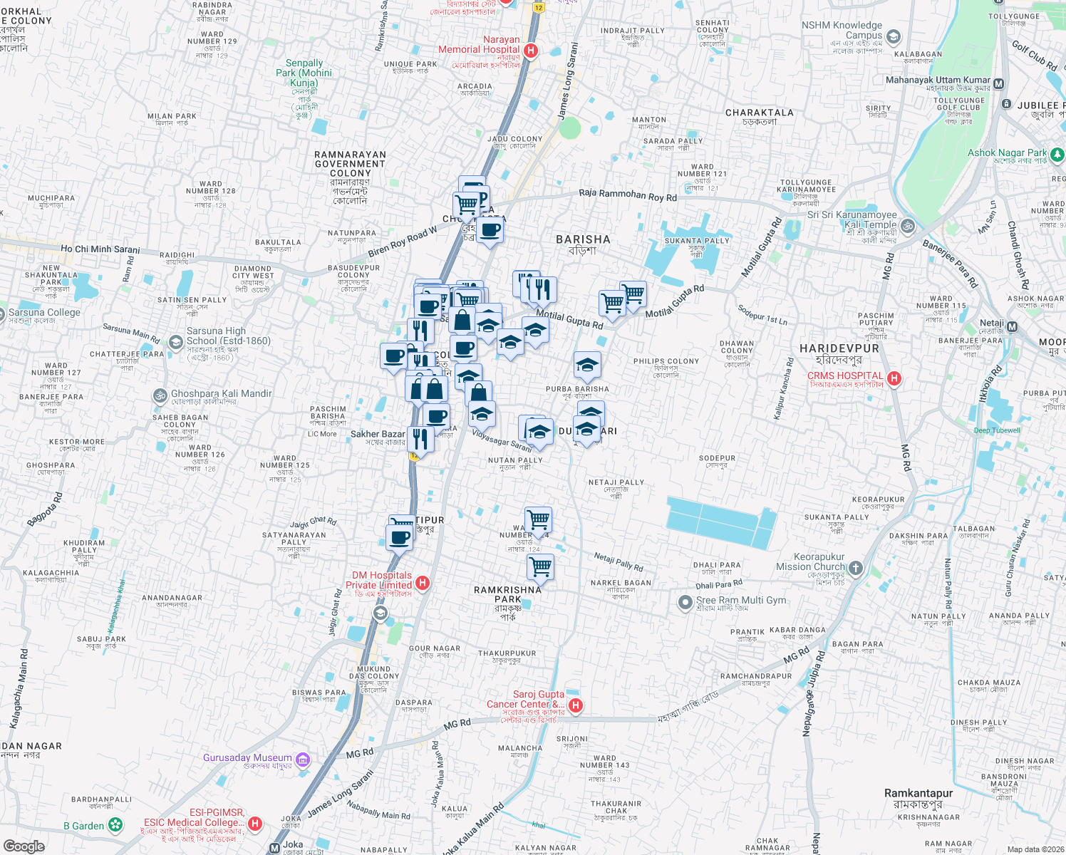 map of restaurants, bars, coffee shops, grocery stores, and more near Road in Kolkata