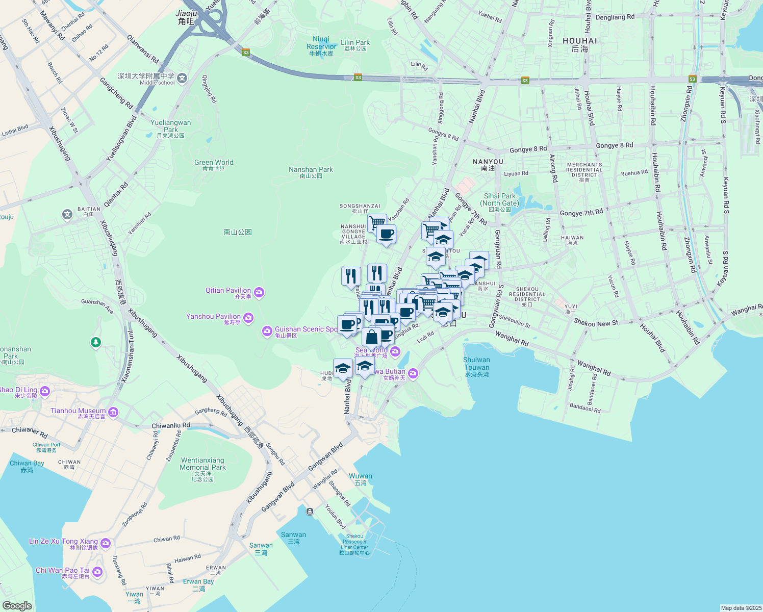 map of restaurants, bars, coffee shops, grocery stores, and more near Nanhai Avenue & Gongye 3rd Road in Shenzhen