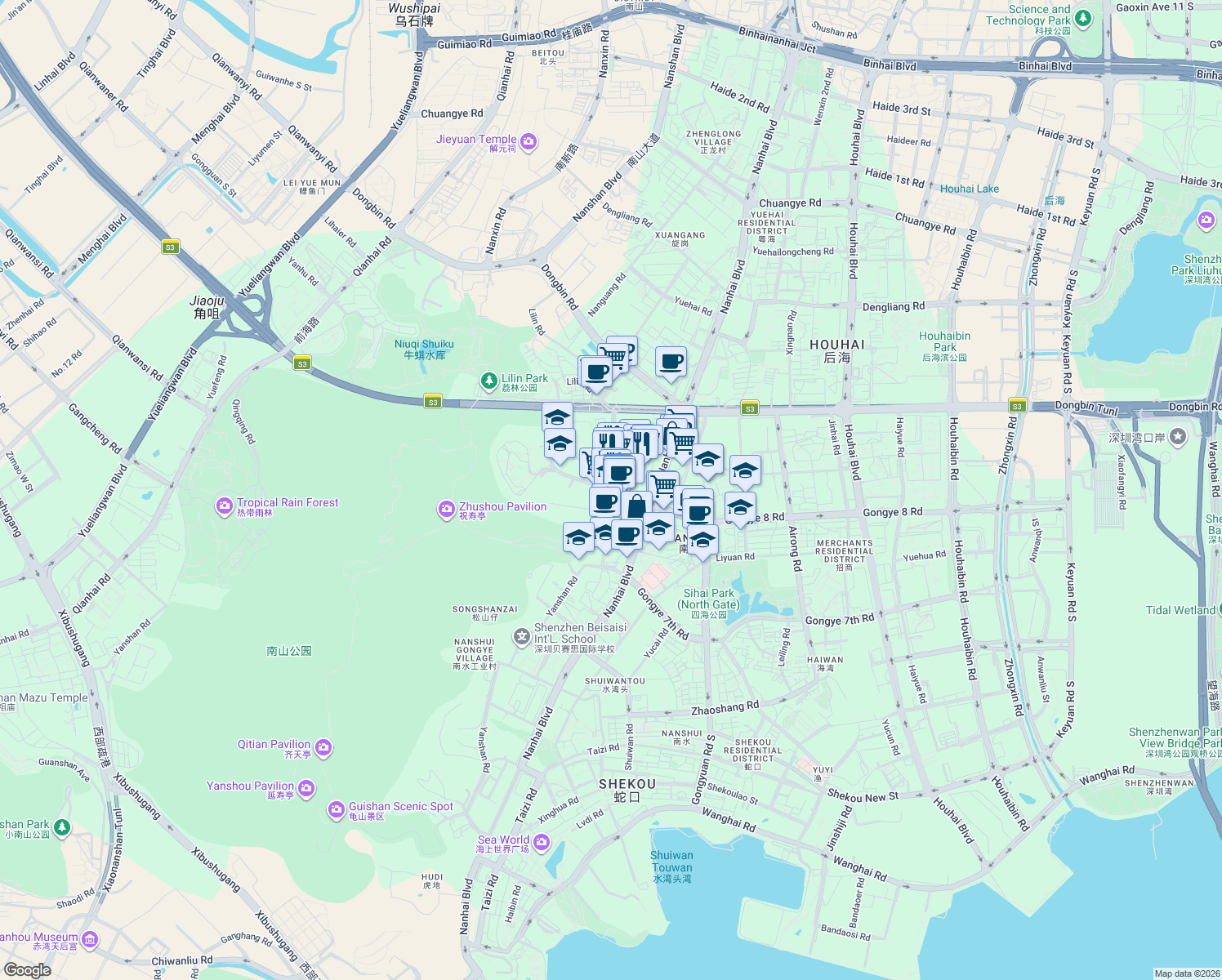 map of restaurants, bars, coffee shops, grocery stores, and more near Gongye 8th Road & Yanshan Road in Shenzhen