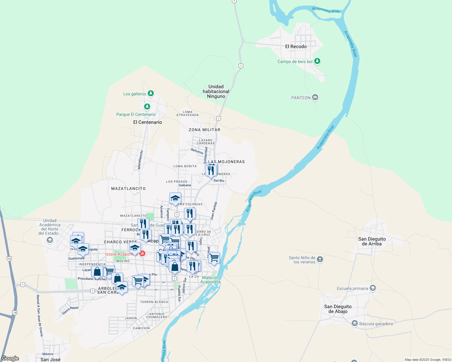 map of restaurants, bars, coffee shops, grocery stores, and more near Del Río in Acaponeta