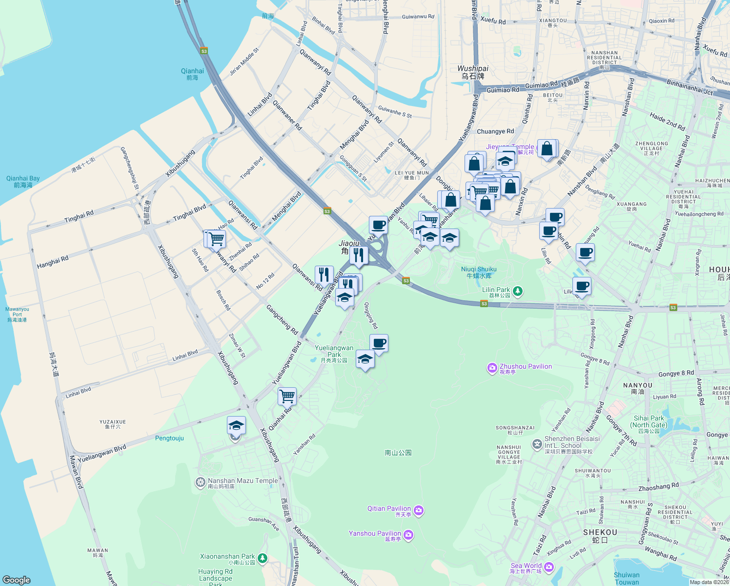 map of restaurants, bars, coffee shops, grocery stores, and more near Qian Hai Lu in Shen Zhen Shi