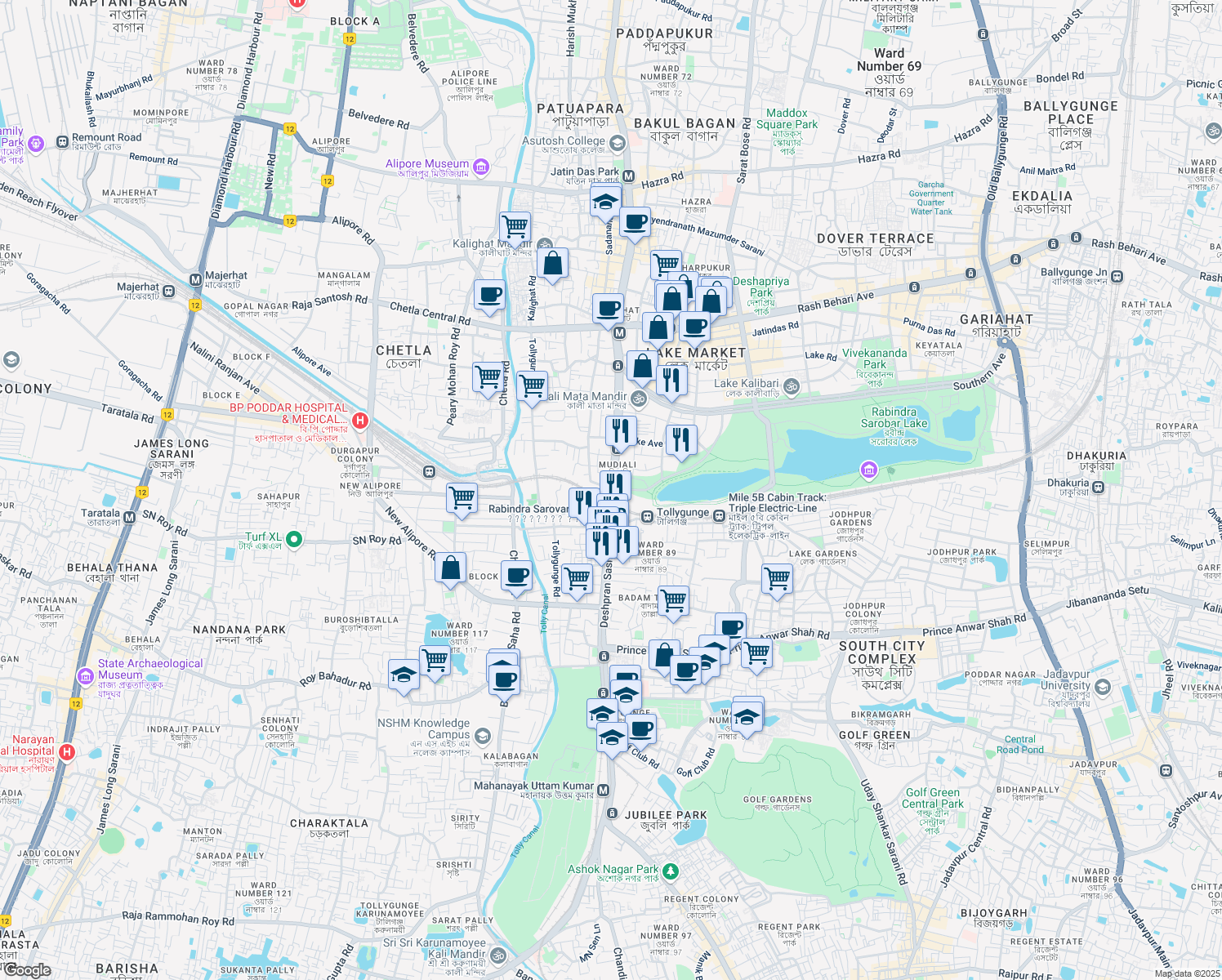 map of restaurants, bars, coffee shops, grocery stores, and more near Abdul Rasul Avenue in Kolkata