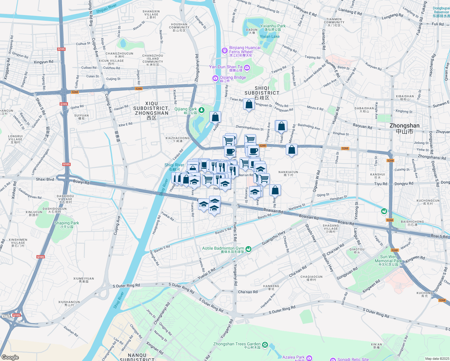 map of restaurants, bars, coffee shops, grocery stores, and more near in Zhongshan