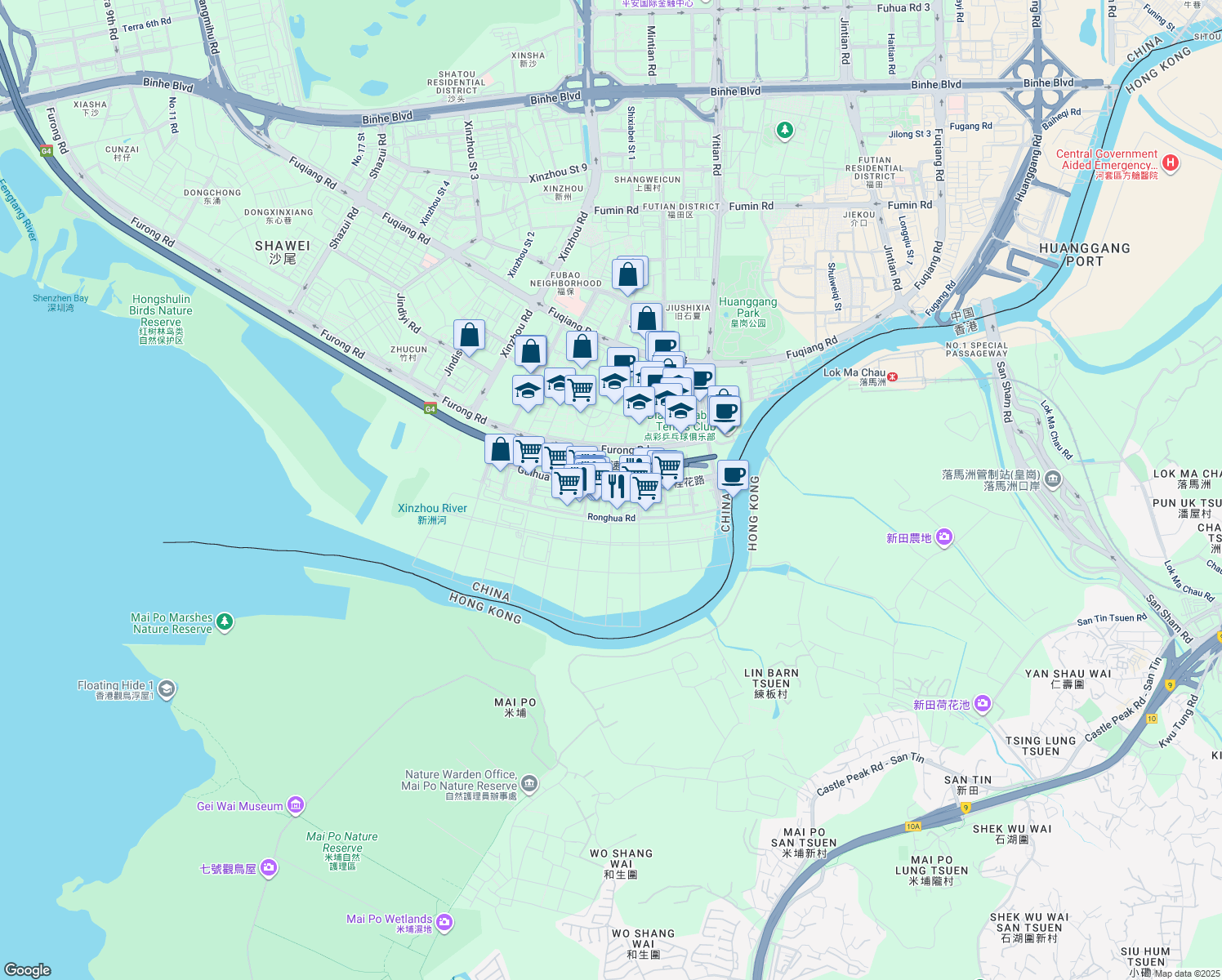 map of restaurants, bars, coffee shops, grocery stores, and more near 17 Gui Hua Lu in Shen Zhen Shi