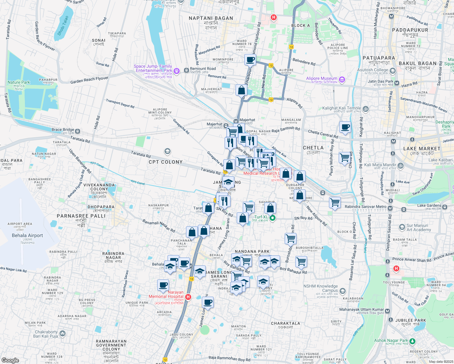 map of restaurants, bars, coffee shops, grocery stores, and more near 1 Taratala Road in Kolkata