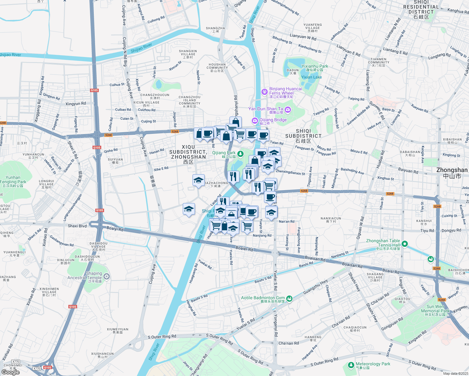 map of restaurants, bars, coffee shops, grocery stores, and more near Zhong Shan Da Qiao in Zhong Shan Shi