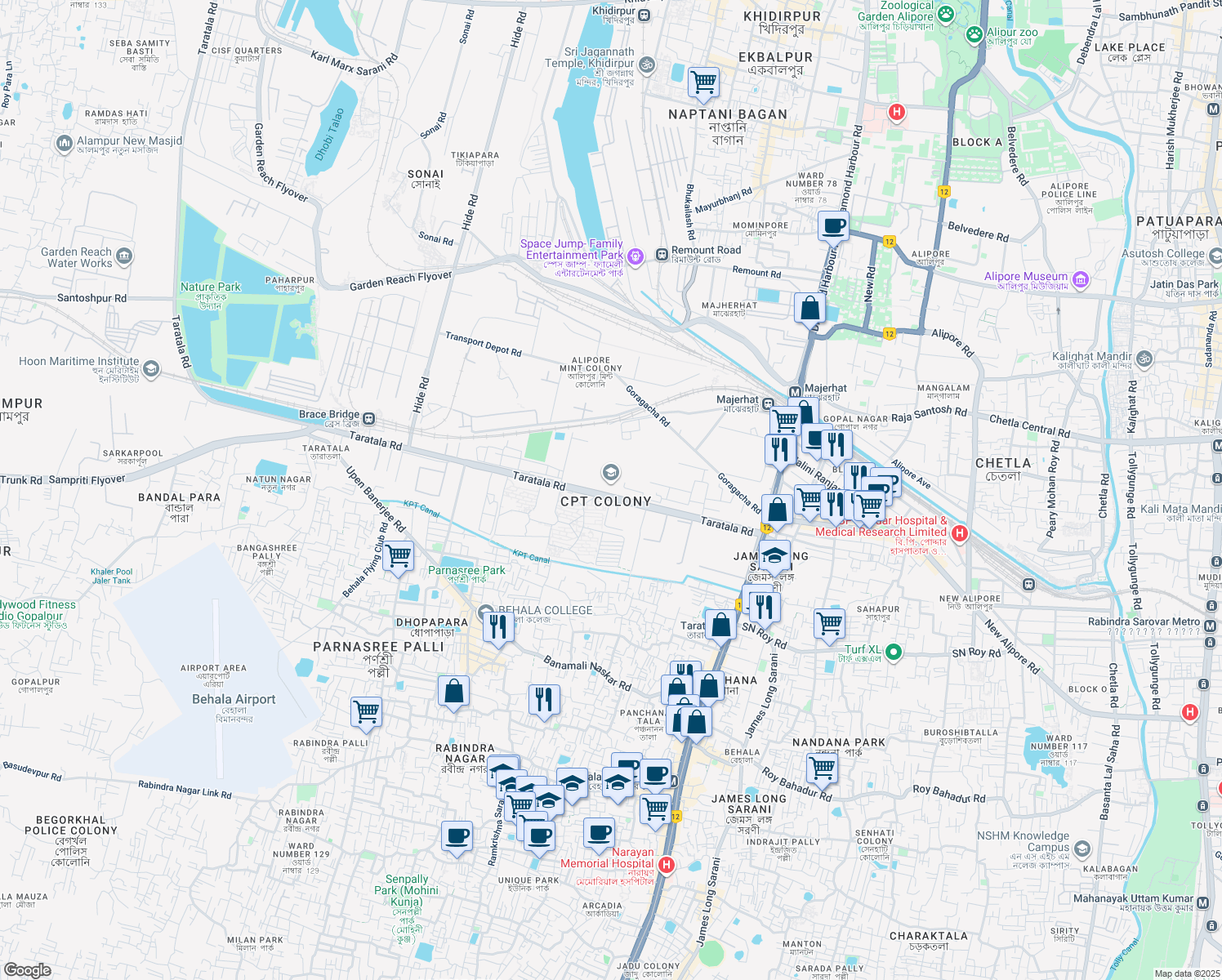map of restaurants, bars, coffee shops, grocery stores, and more near 1 Taratala Road in Kolkata