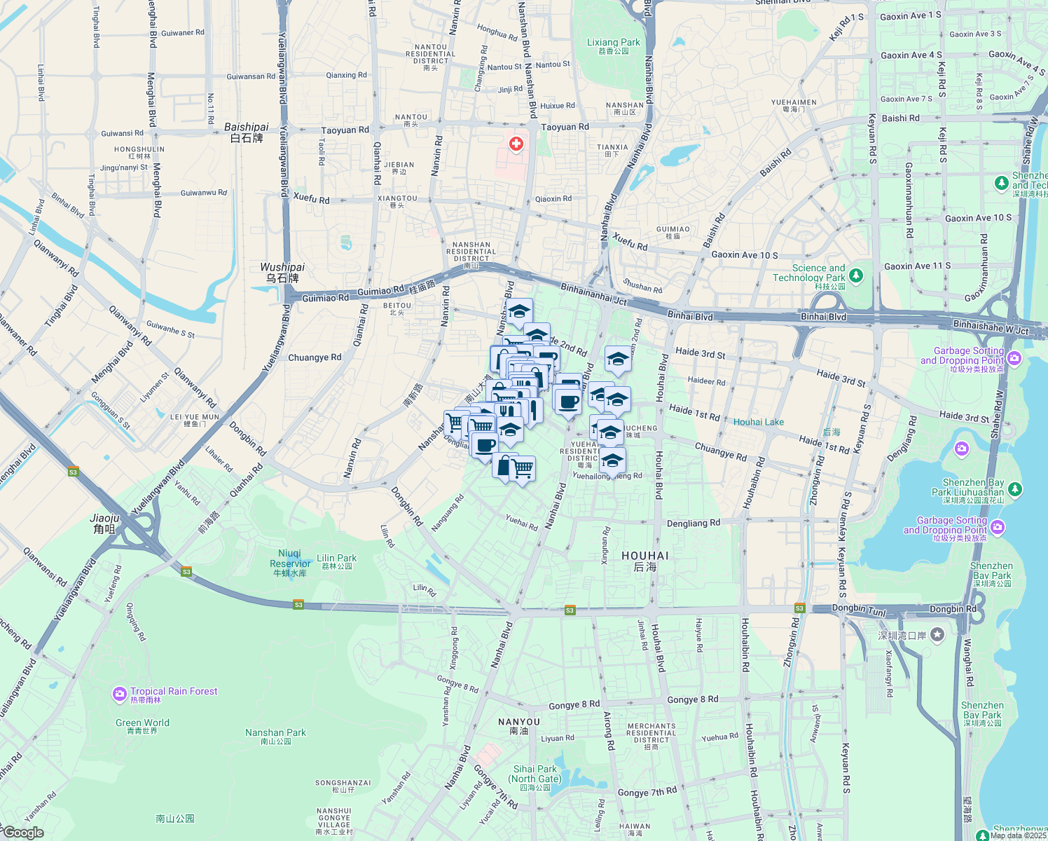 map of restaurants, bars, coffee shops, grocery stores, and more near Nan Guang Lu in Shen Zhen Shi