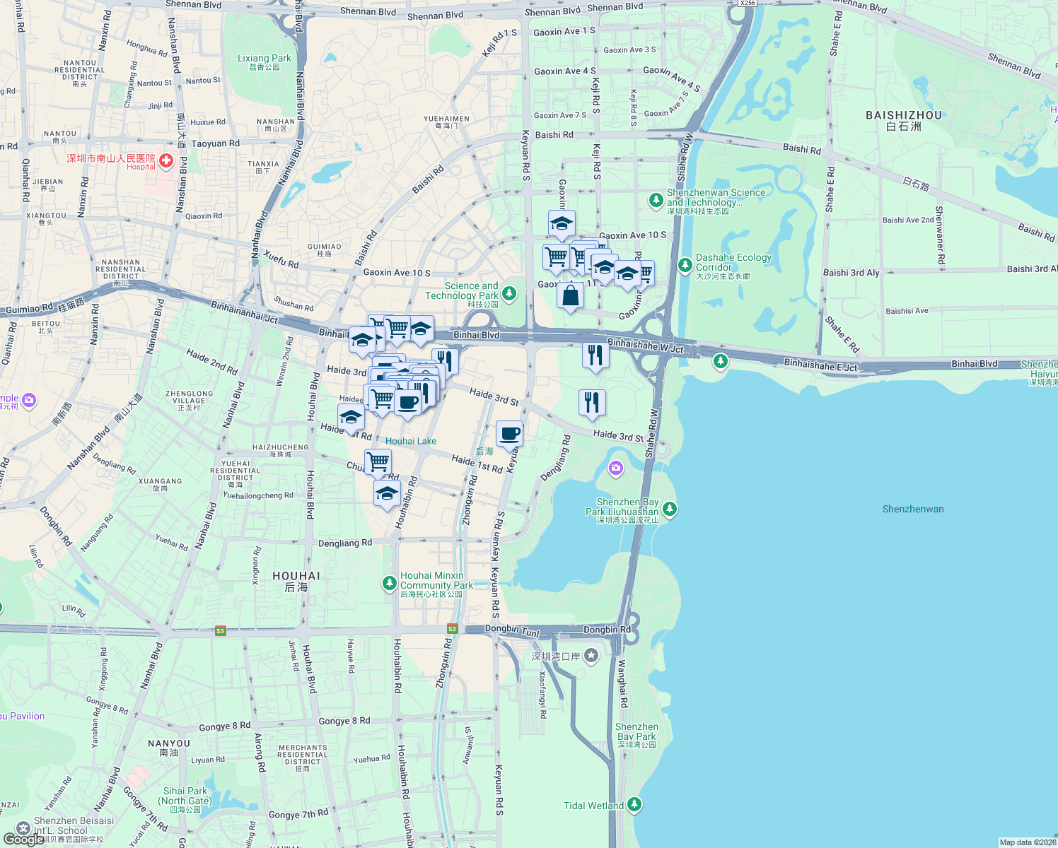 map of restaurants, bars, coffee shops, grocery stores, and more near 2888 Ke Yuan Nan Lu in Shen Zhen Shi