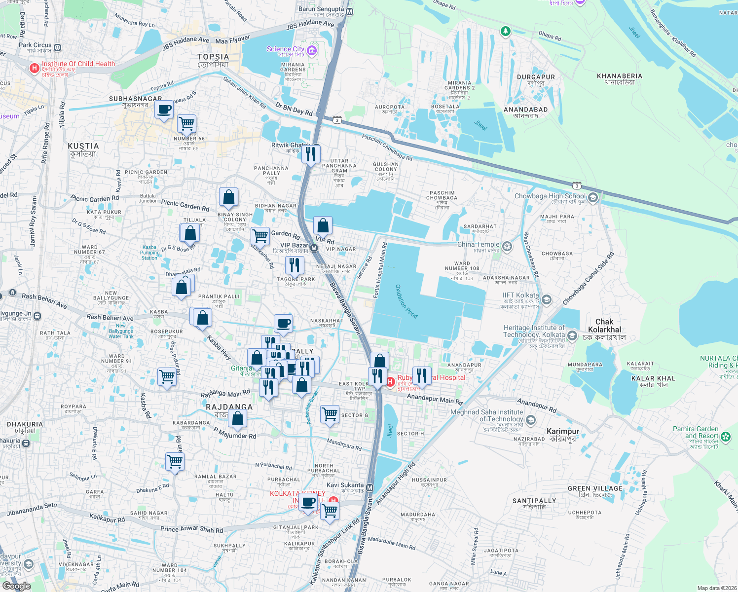 map of restaurants, bars, coffee shops, grocery stores, and more near 730 Eastern Metropolitan Bypass in Kolkata