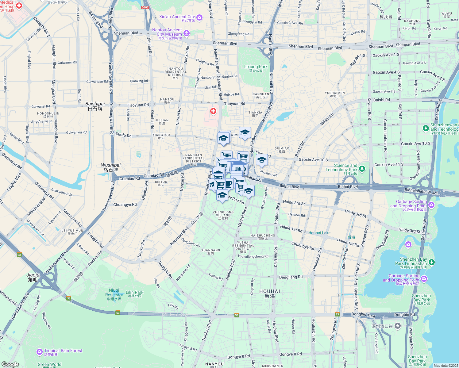 map of restaurants, bars, coffee shops, grocery stores, and more near Nan Guang Lu in Shen Zhen Shi