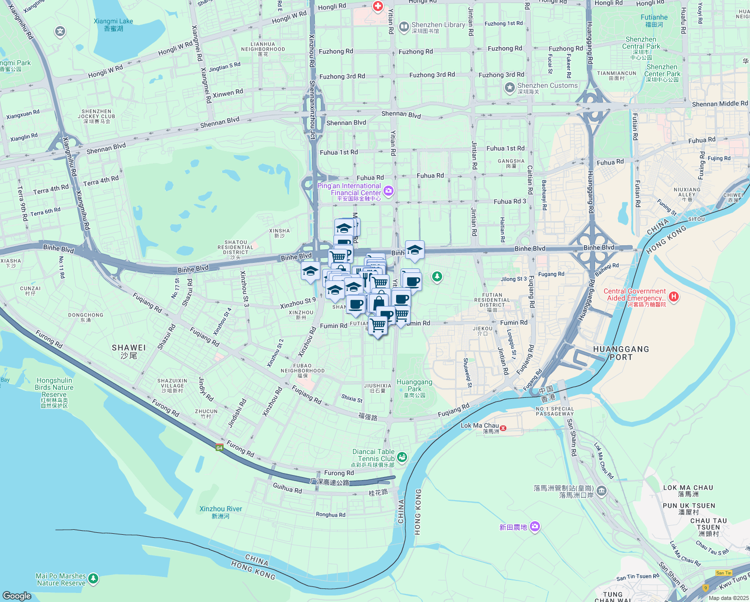 map of restaurants, bars, coffee shops, grocery stores, and more near Shi Xia Bei San Jie in Shenzhen Shi