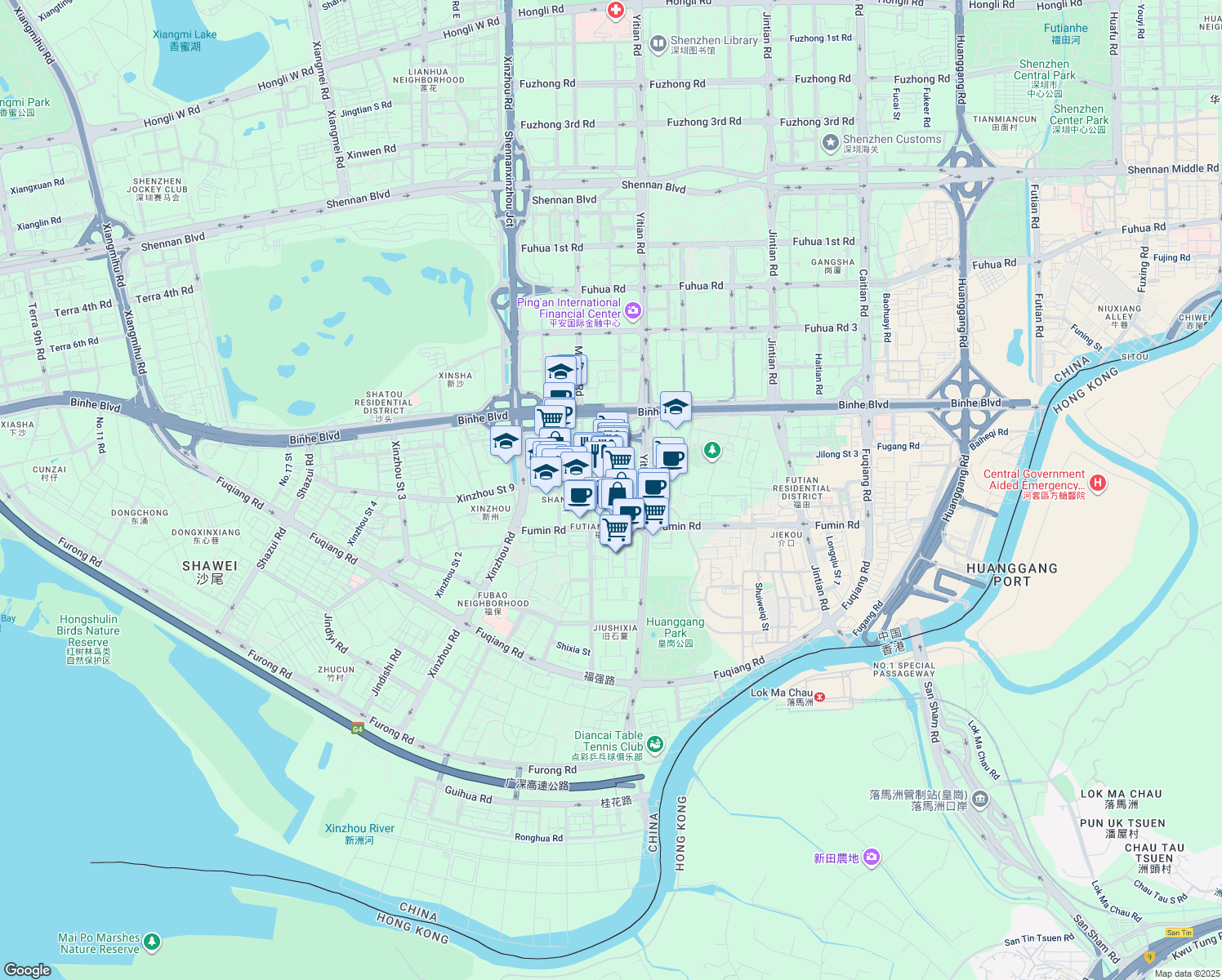 map of restaurants, bars, coffee shops, grocery stores, and more near Shi Xia Bei San Jie in Shenzhen Shi