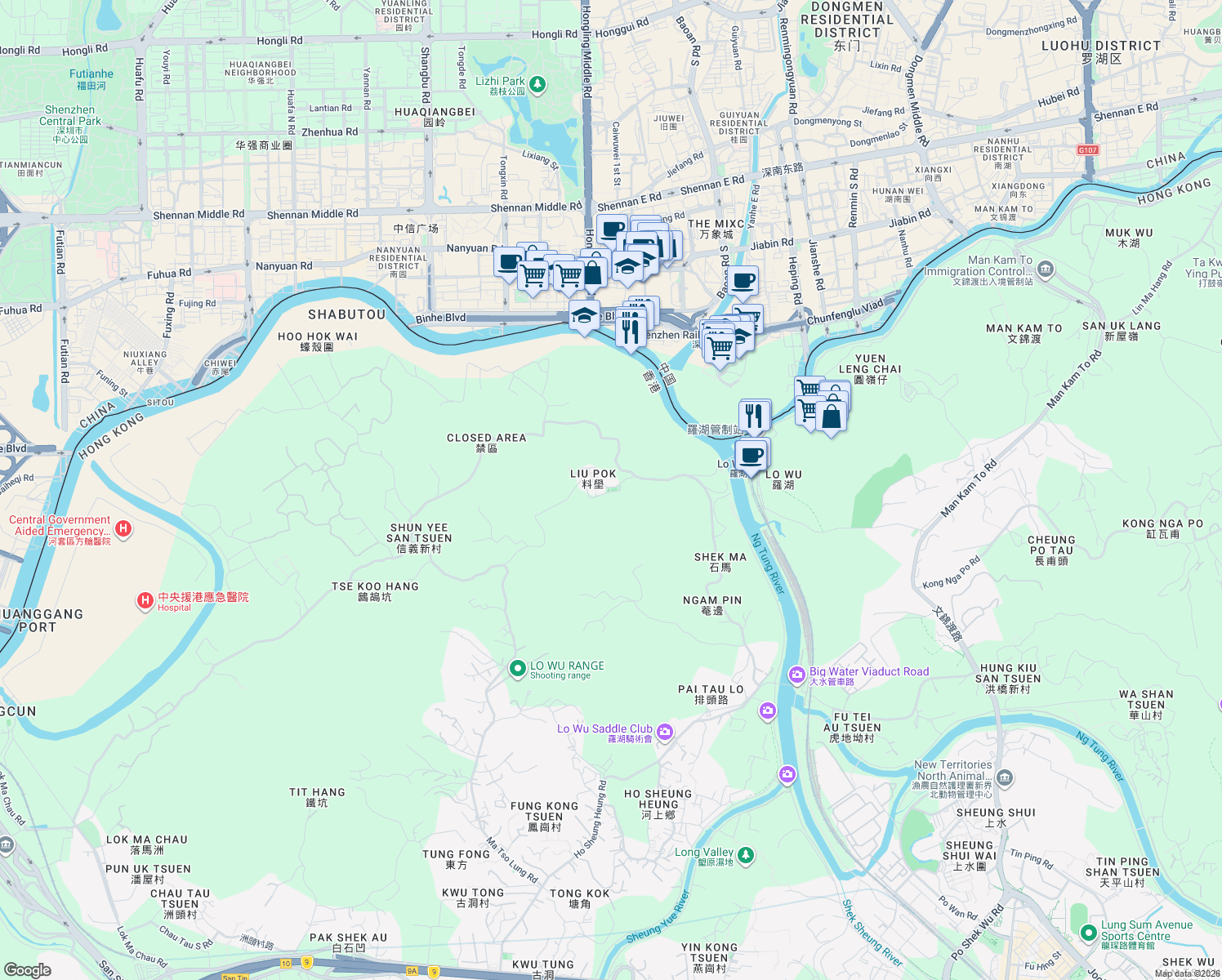 map of restaurants, bars, coffee shops, grocery stores, and more near Liu Pok Road in Hong Kong