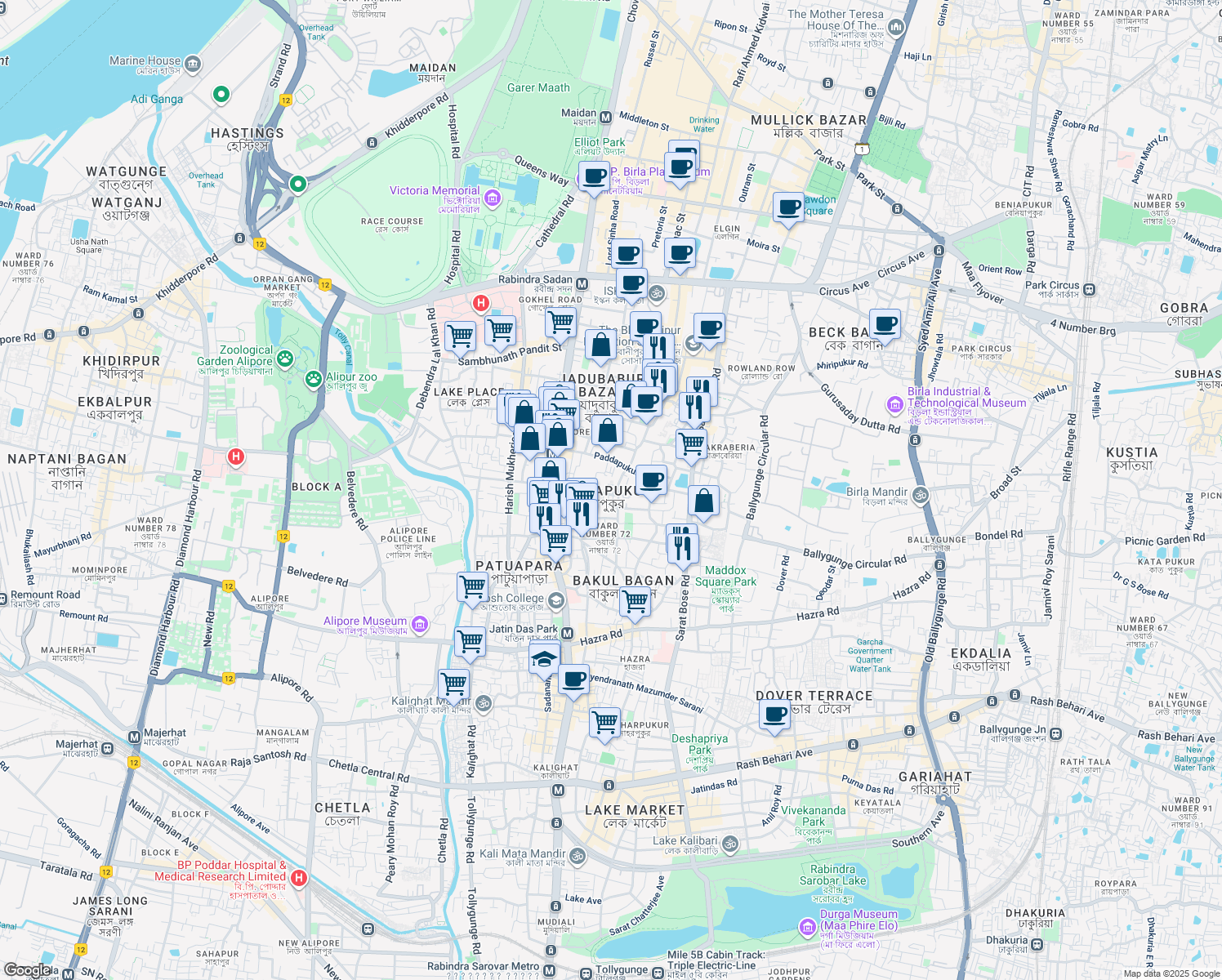 map of restaurants, bars, coffee shops, grocery stores, and more near 2 Allenby Road in Kolkata