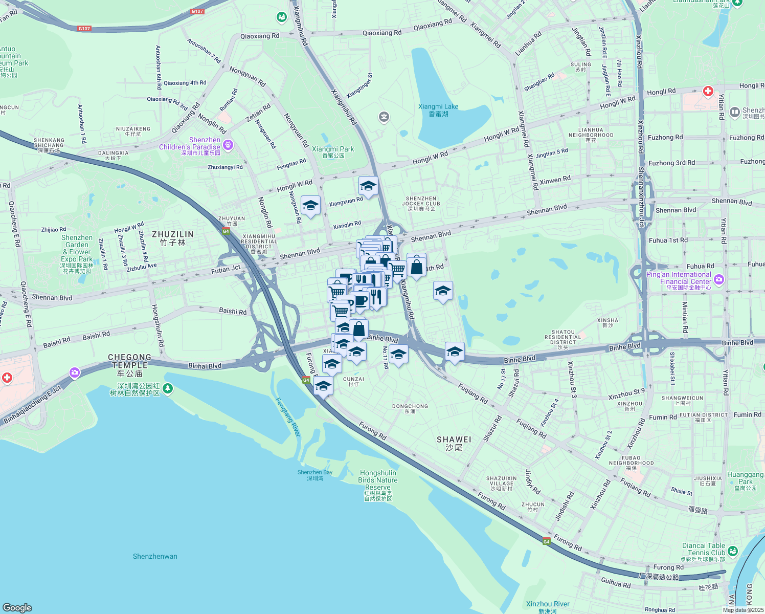 map of restaurants, bars, coffee shops, grocery stores, and more near Tai Ran Qi Lu in Shen Zhen Shi
