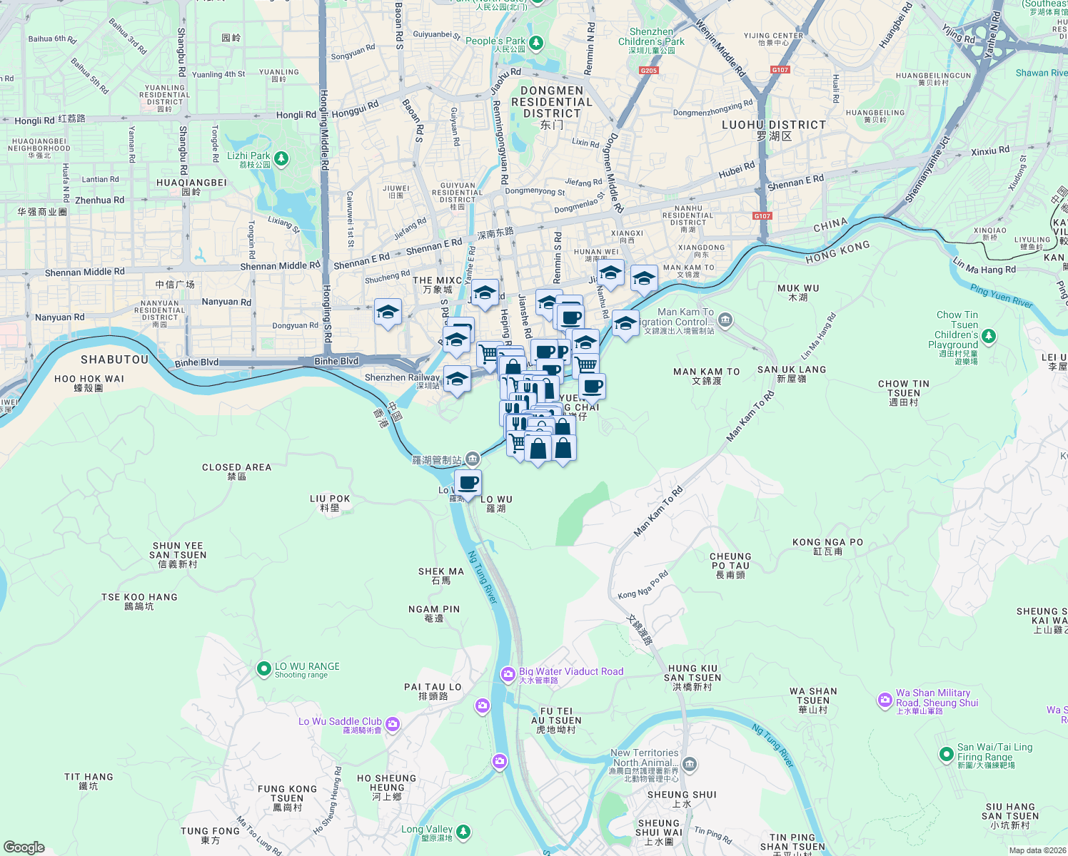 map of restaurants, bars, coffee shops, grocery stores, and more near 1008号 Jianshe Road in Shenzhen