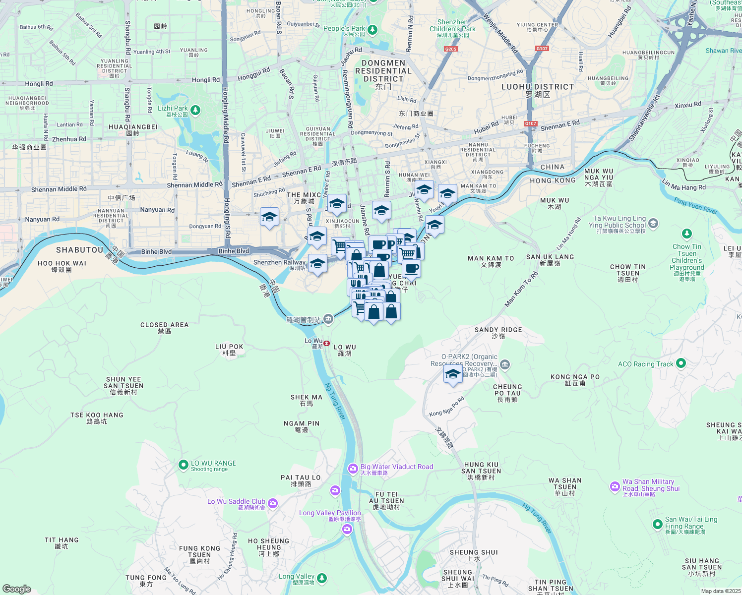 map of restaurants, bars, coffee shops, grocery stores, and more near 1008号 Jianshe Road in Shenzhen
