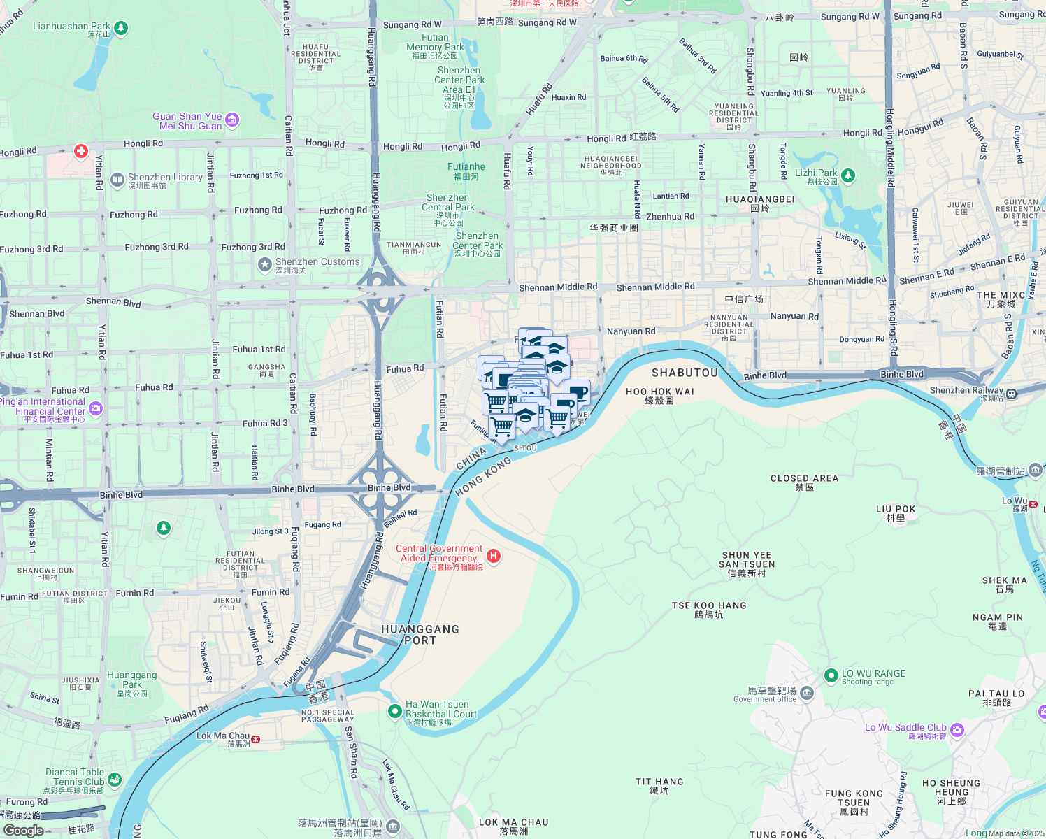 map of restaurants, bars, coffee shops, grocery stores, and more near Fuxing Road in Shenzhen